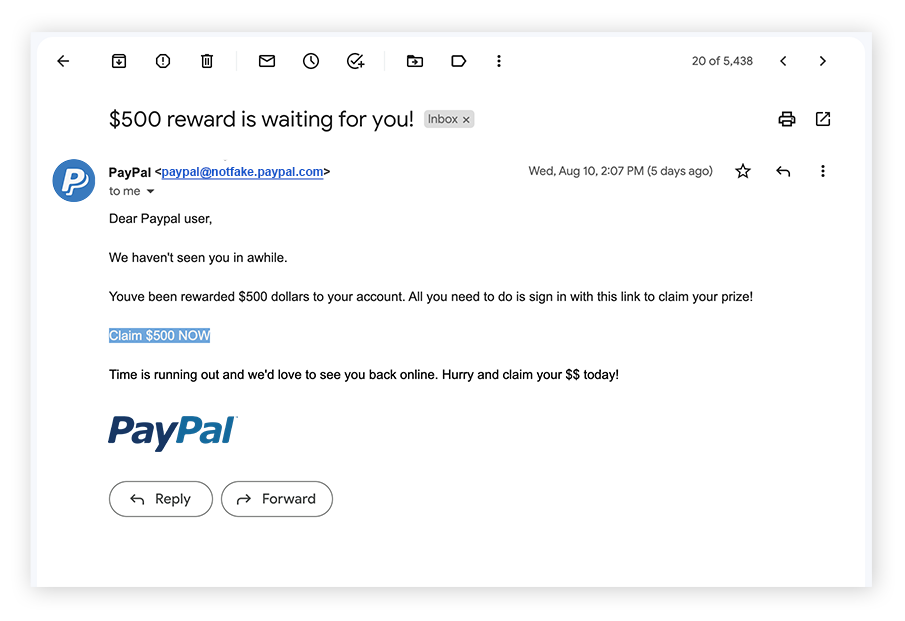 Example of a phishing email offering a fake PayPal reward