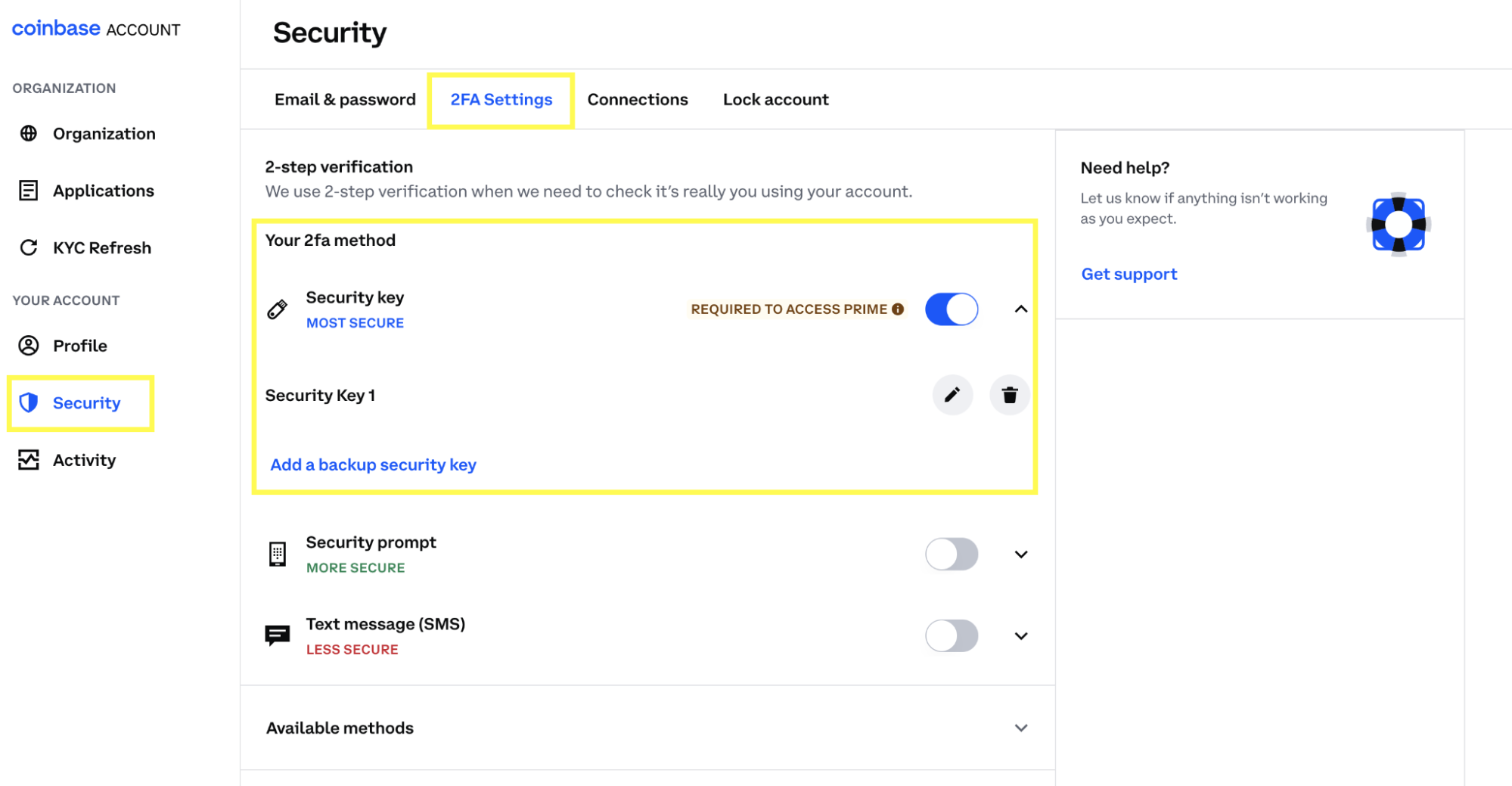 A screenshot displays the two-factor authentication (2FA) settings in Coinbase.