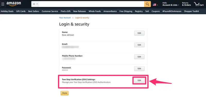 Amazon "Login & security" page with a button highlighted that says "Two Step Verification Settings".