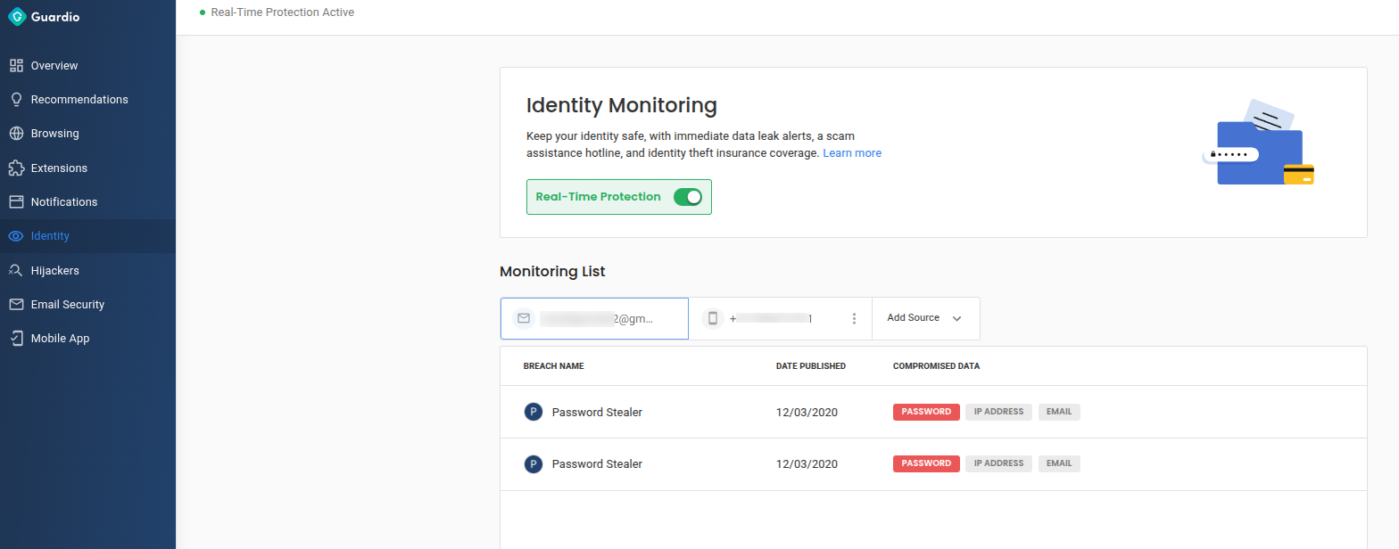 Scanning for Leaked Passwords on Dark Web by Guardio’s Dashboard.
