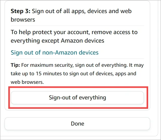Amazon security page with a button highlighted that says "Sign out of everything".
