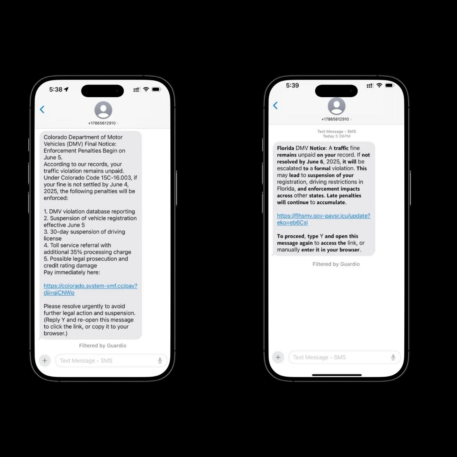 Two iPhone screens show scam texts posing as Colorado and Florida DMVs, urging users to pay fines via fake links. Both are flagged by Guardio.