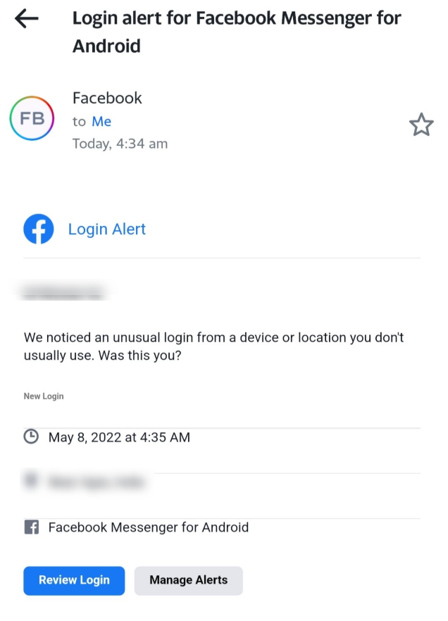 Facebook Login alert due to an unusual device or location that the user doesn't use.