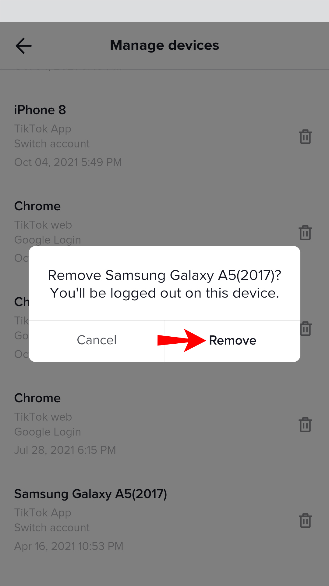Manage Devices screen with a pop-up asking to confirm the removal of a device named "Samsung Galaxy A5(2017)