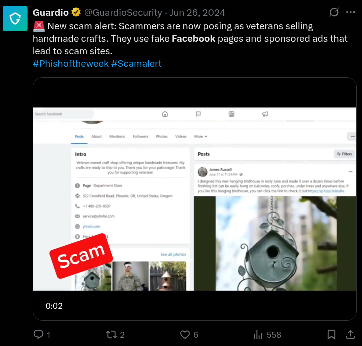 An X post from Guardio warns about scammers posing as veterans selling handmade crafts through fake Facebook pages.