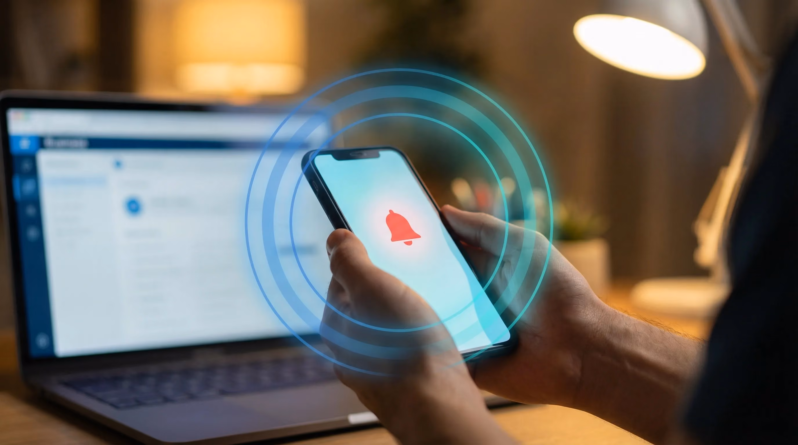 Hands holding smartphone with alert notification at home office, surrounded by protective blue rings