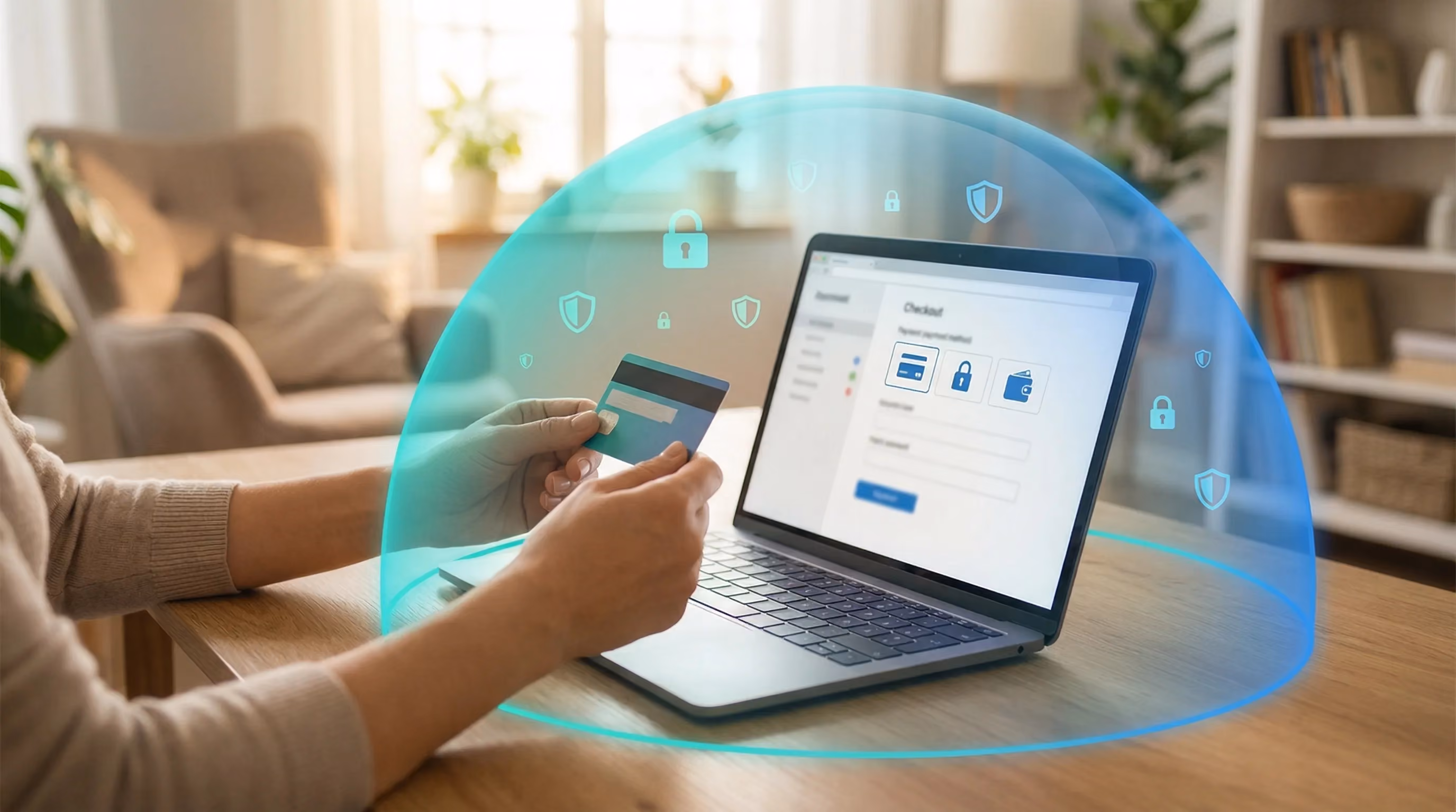 Hands holding credit card near laptop with protective teal dome and lock icons