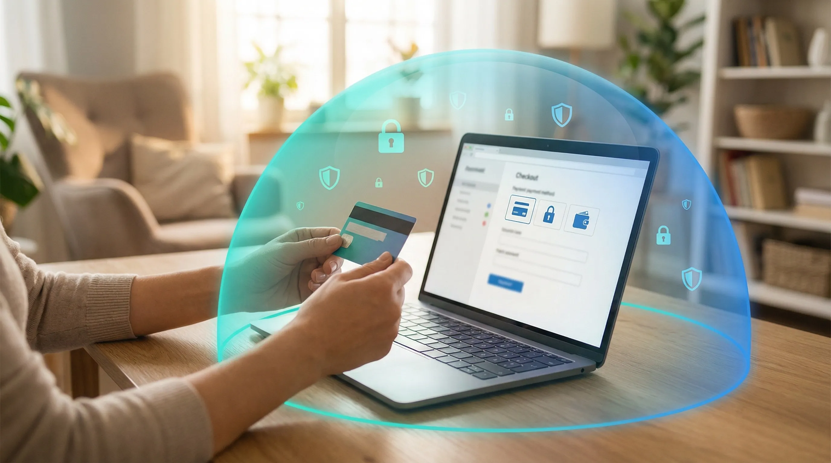 Hands holding credit card near laptop with protective teal dome and lock icons