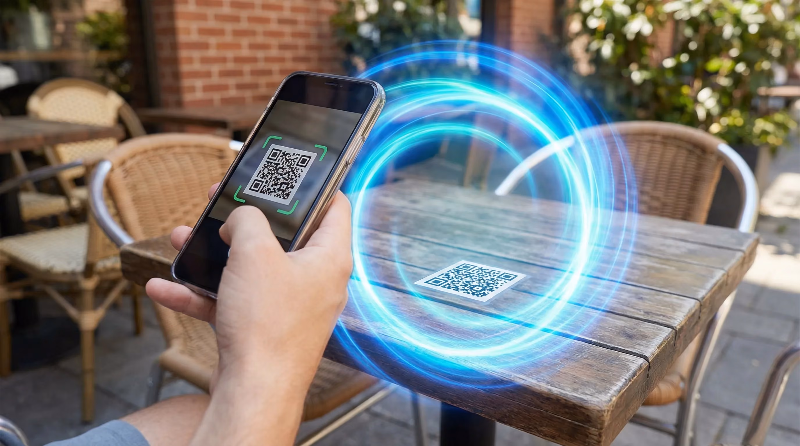 Hand scanning QR code at cafe with protective cyan spiral glow