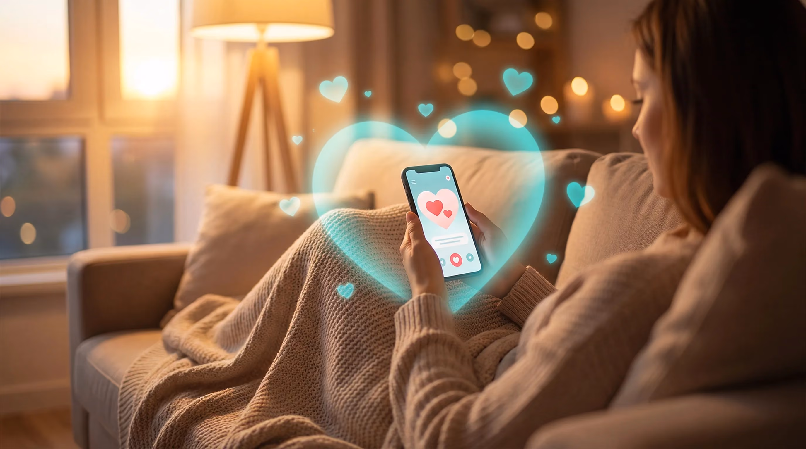 Person on cozy couch holding phone with dating app, heart-shaped teal protective glow