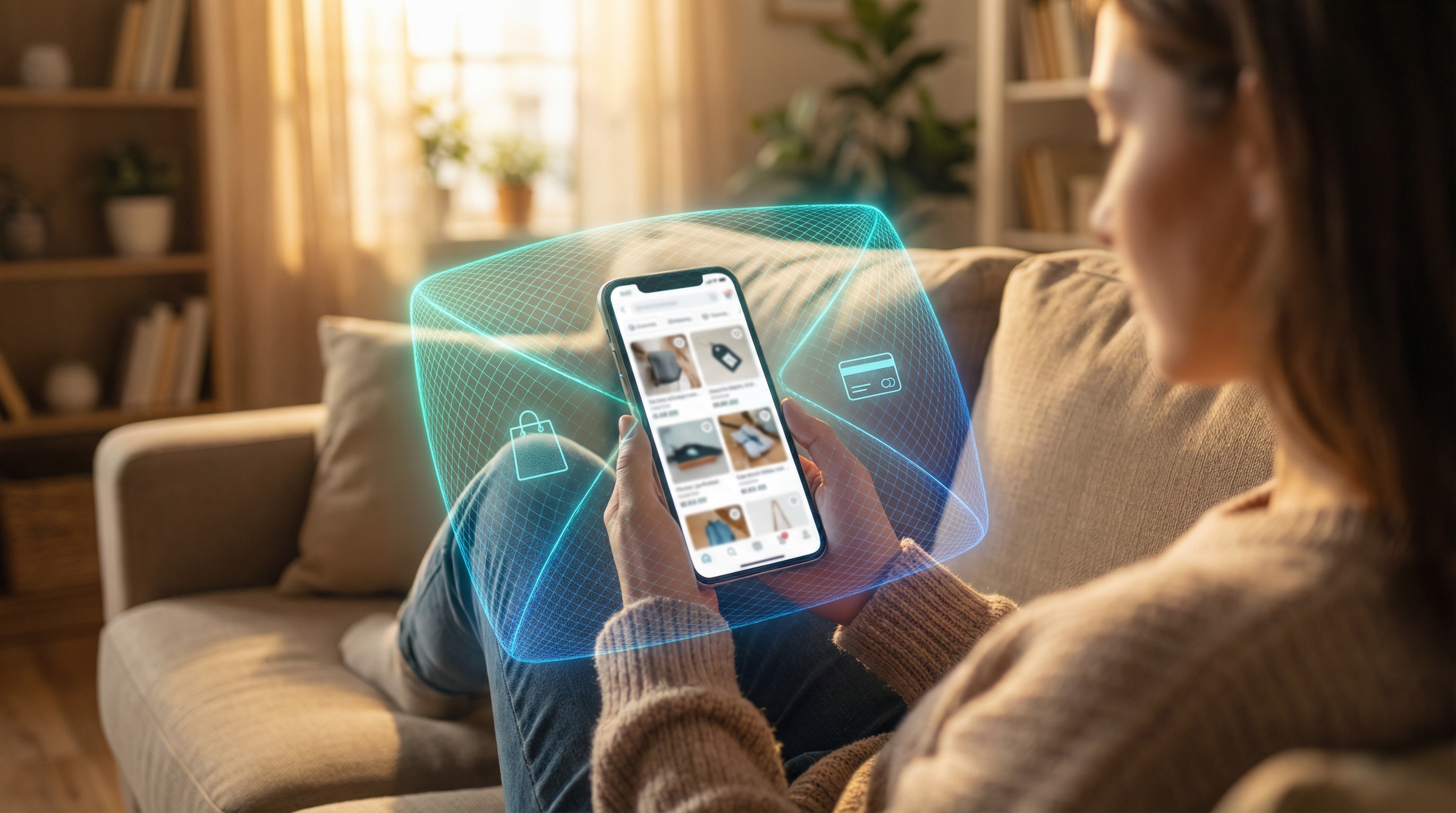 Person on couch browsing marketplace listings on phone with protective teal mesh glow