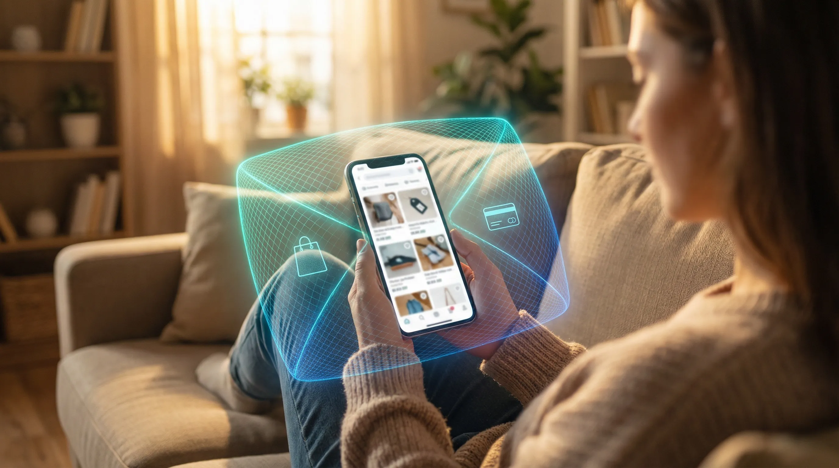Person on couch browsing marketplace listings on phone with protective teal mesh glow