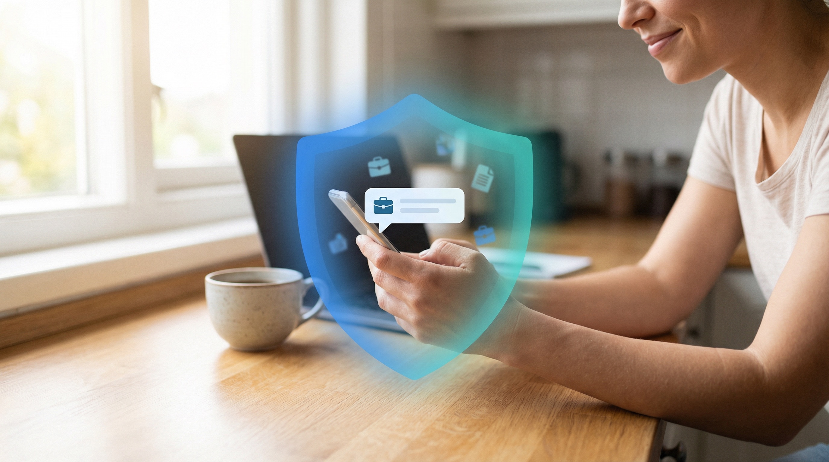 Person at kitchen counter with phone and laptop, blue shield glow with briefcase icons
