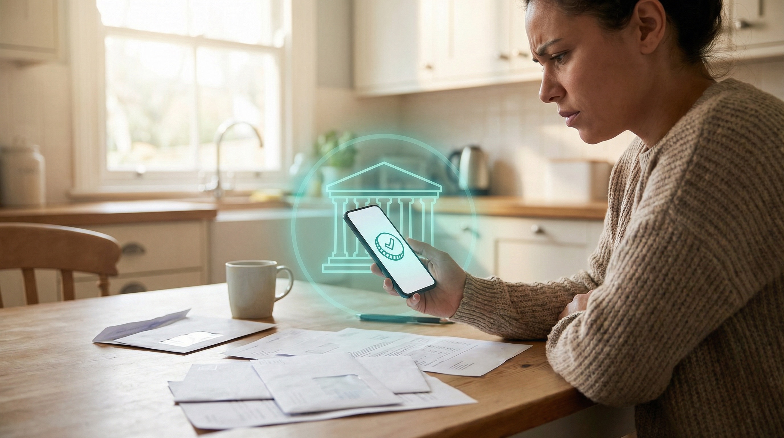 Hands holding phone with tax refund icon at kitchen table, teal government building-shaped protective aura