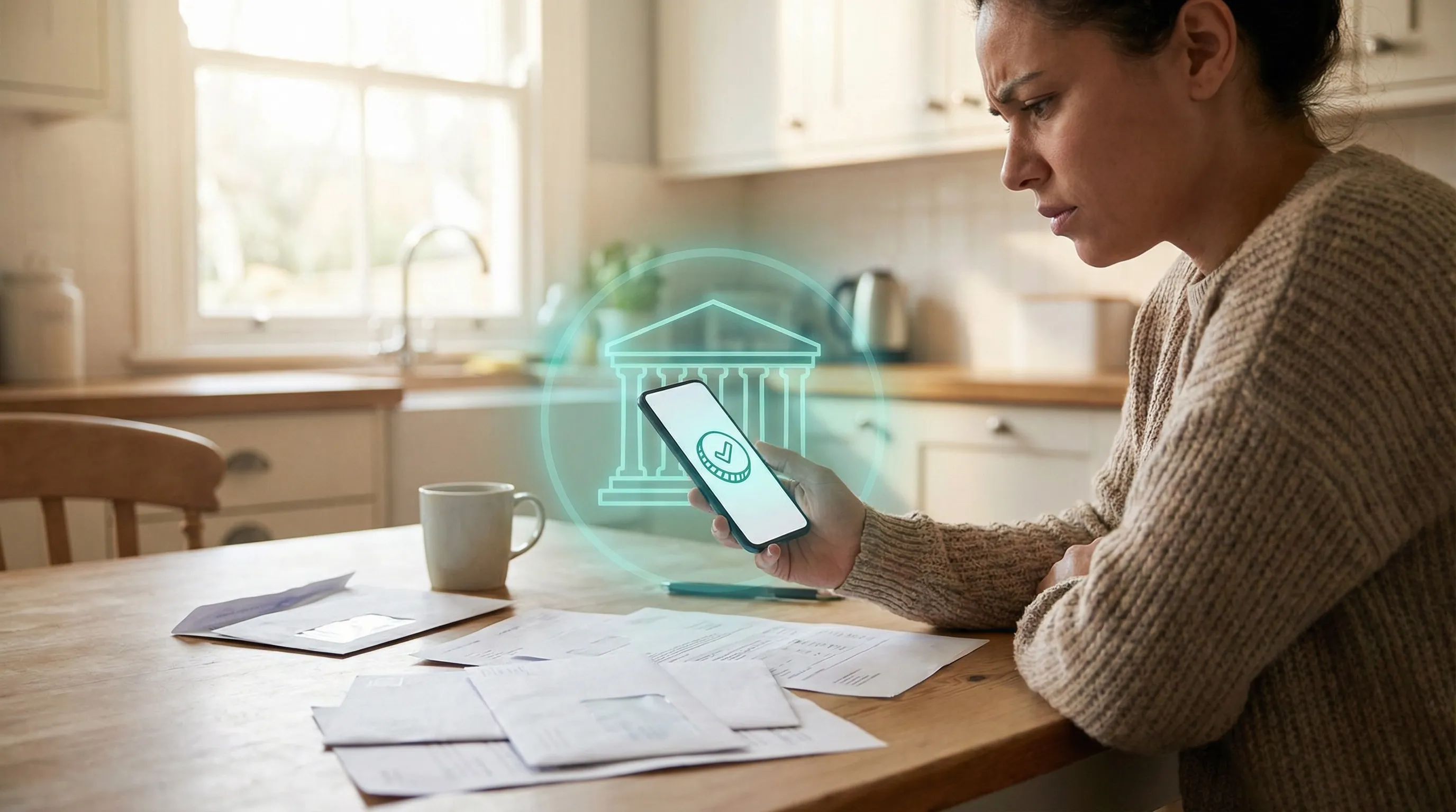 Hands holding phone with tax refund icon at kitchen table, teal government building-shaped protective aura
