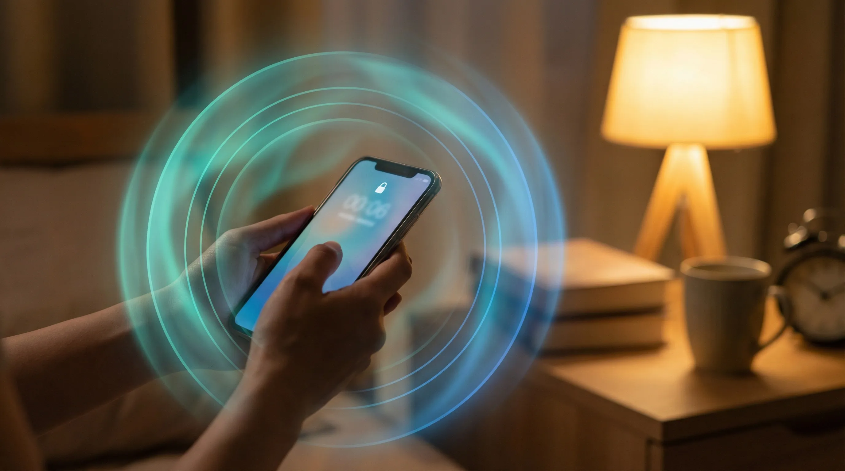 Hands holding phone with lock icon, teal concentric rings glow like digital armor, bedroom nightstand lamp