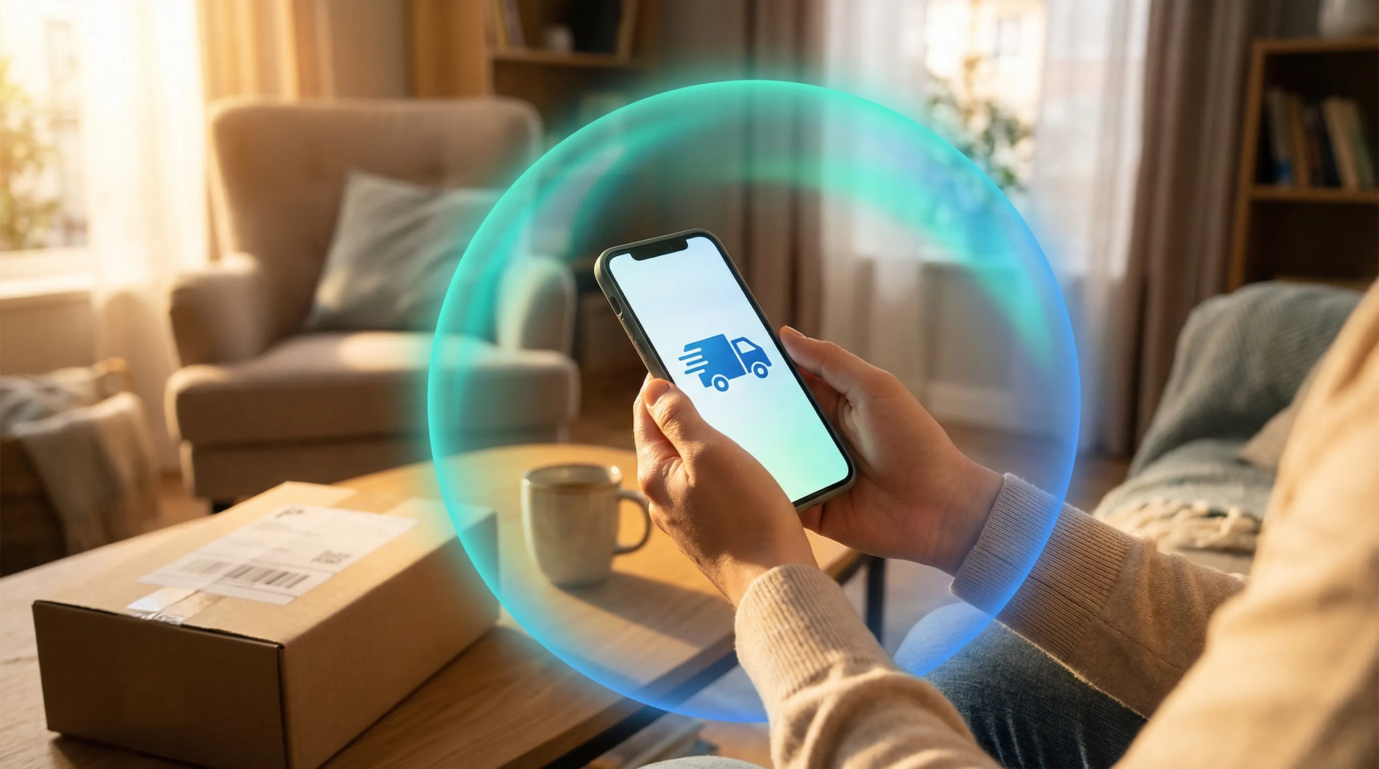 Hands holding phone with delivery truck icon, teal protective bubble, cozy living room with package nearby