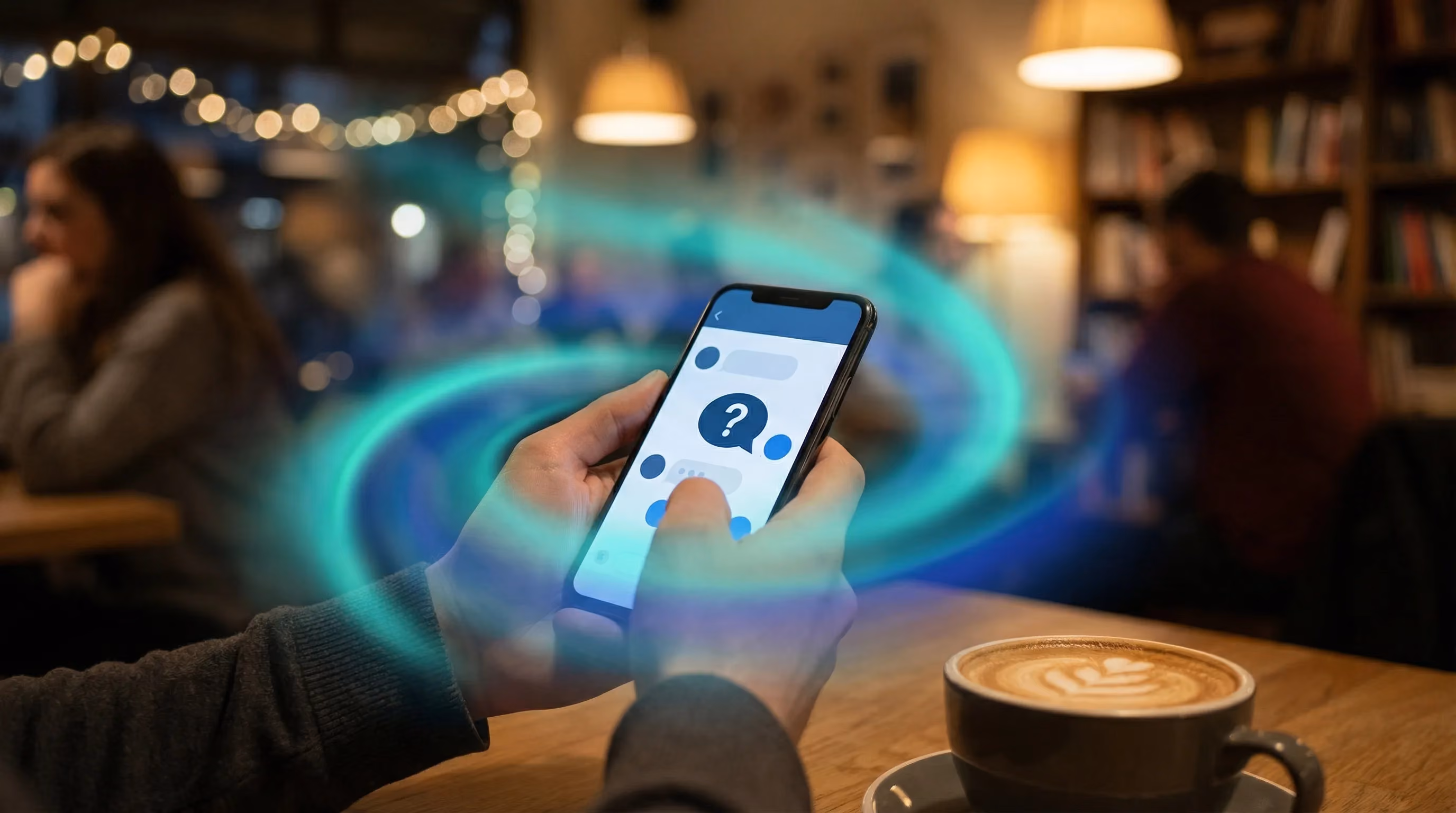 Hands holding phone with question mark chat bubbles, teal spiral glow, cozy cafe setting