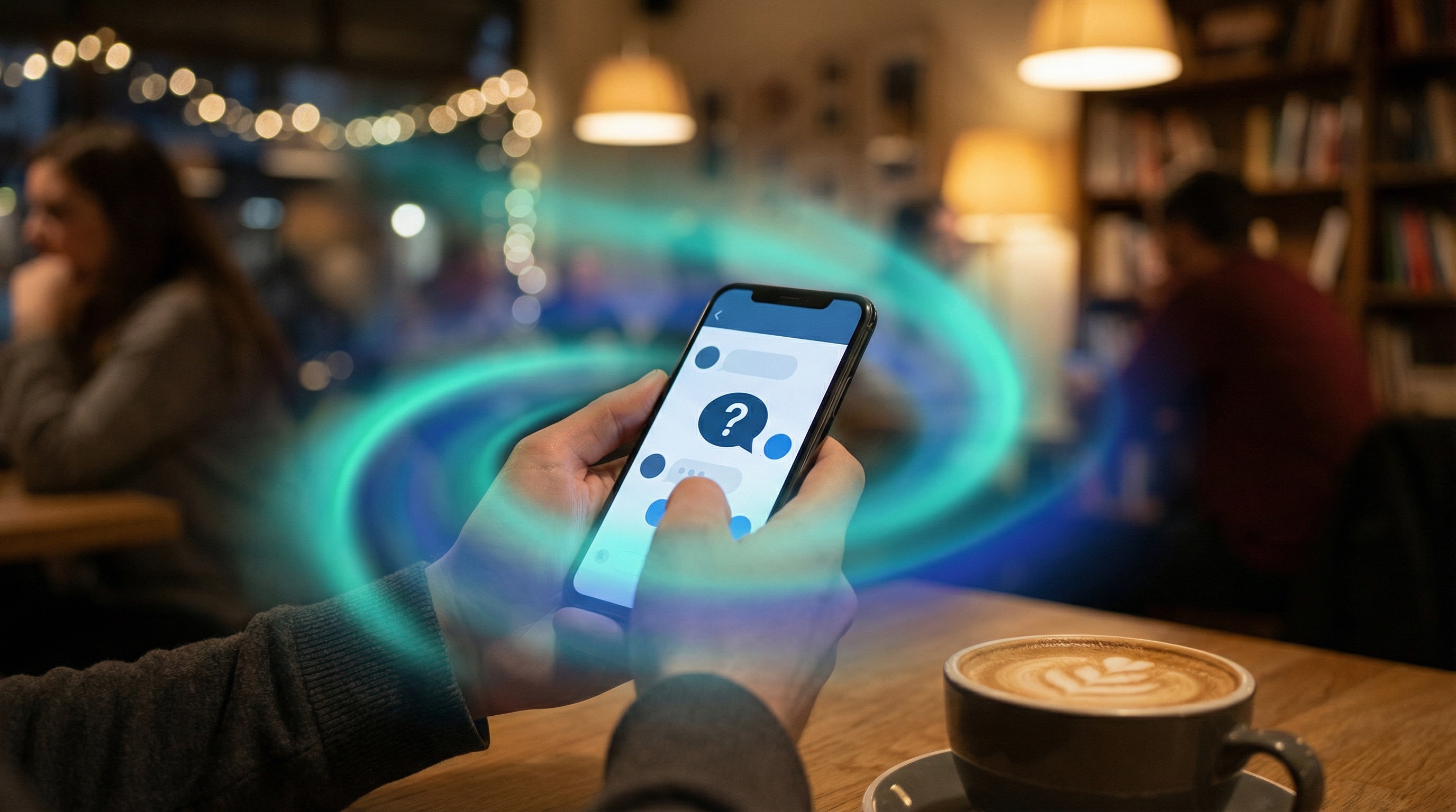 Hands holding phone with question mark chat bubbles, teal spiral glow, cozy cafe setting