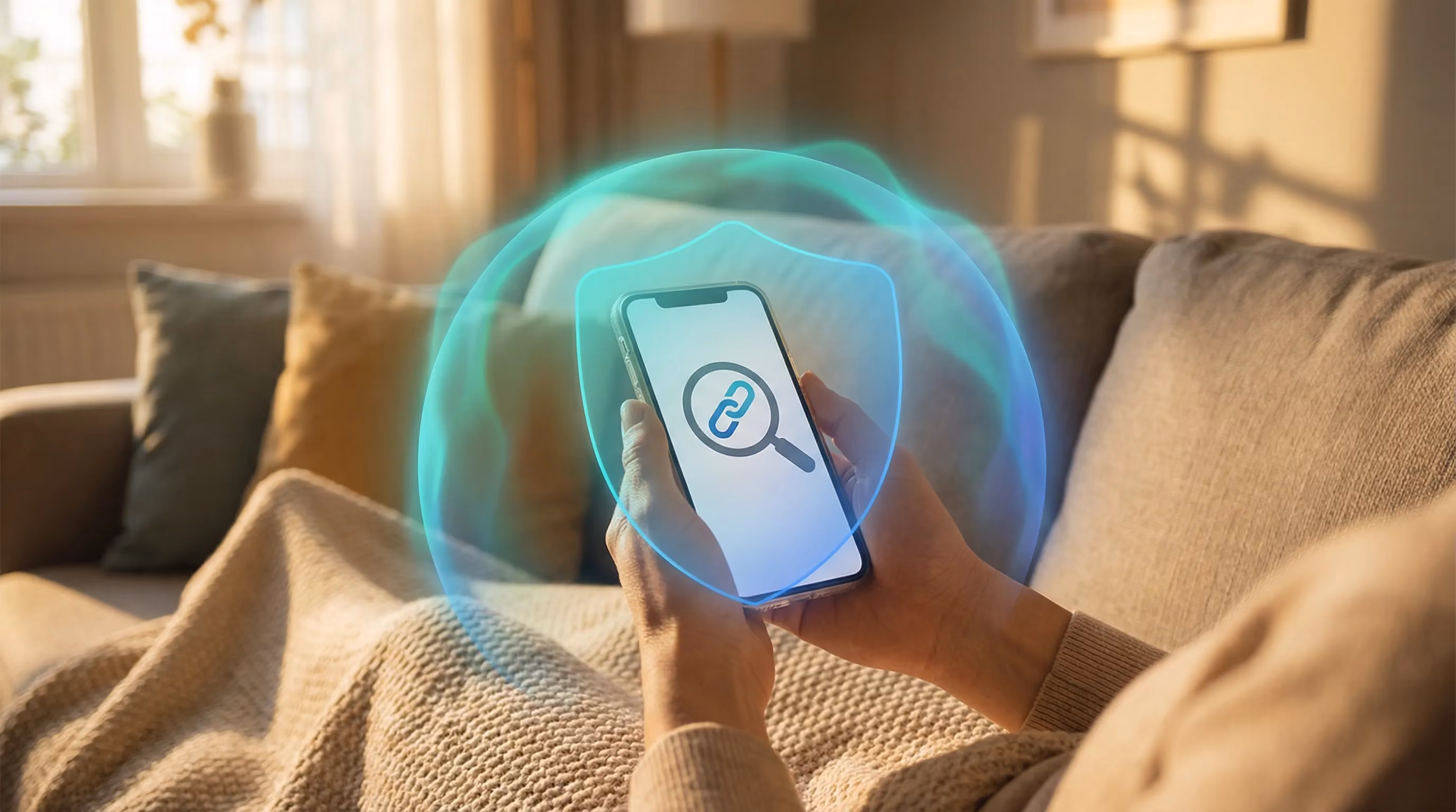 Hands holding phone with link magnifying glass icon, teal shield dome glow, cozy home sofa