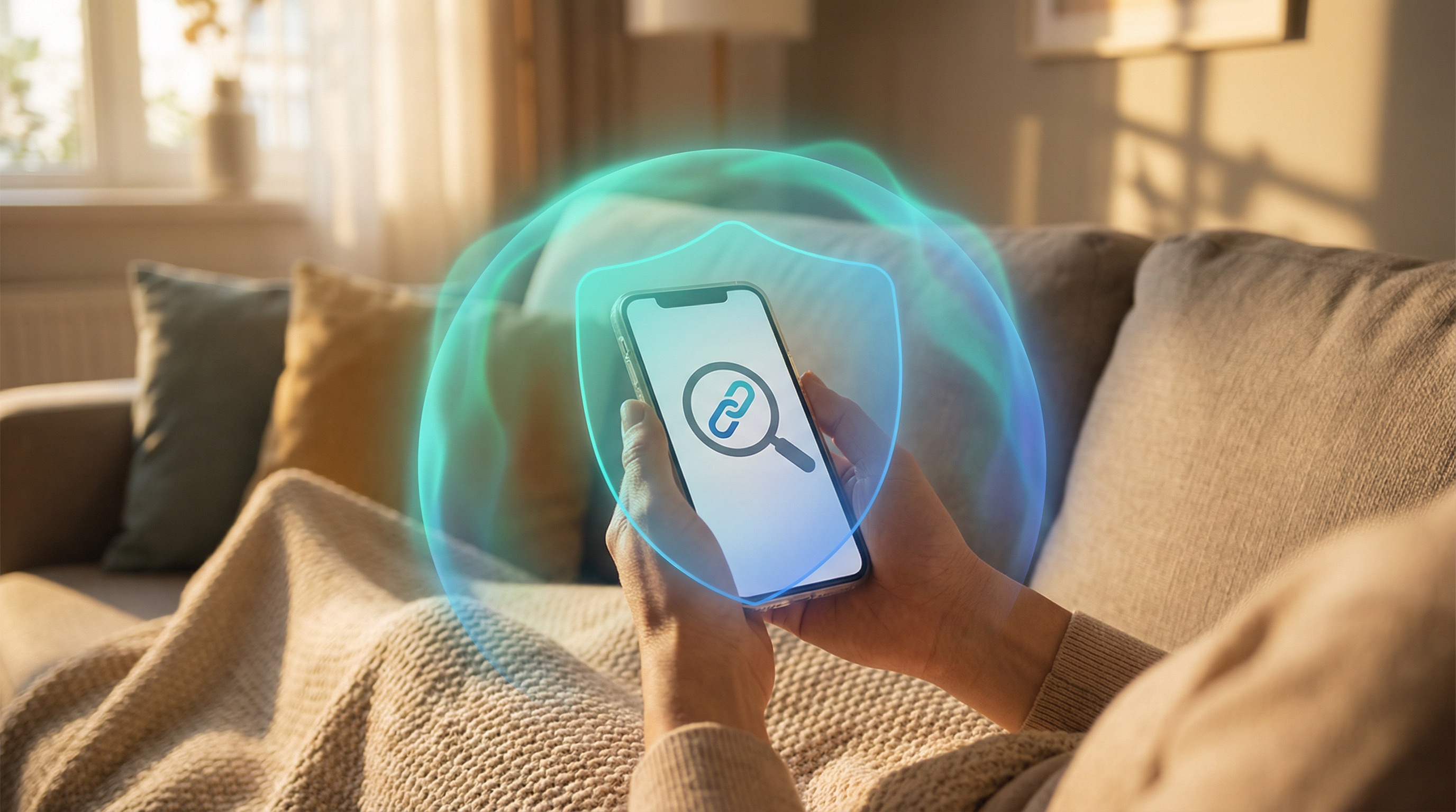 Hands holding phone with link magnifying glass icon, teal shield dome glow, cozy home sofa