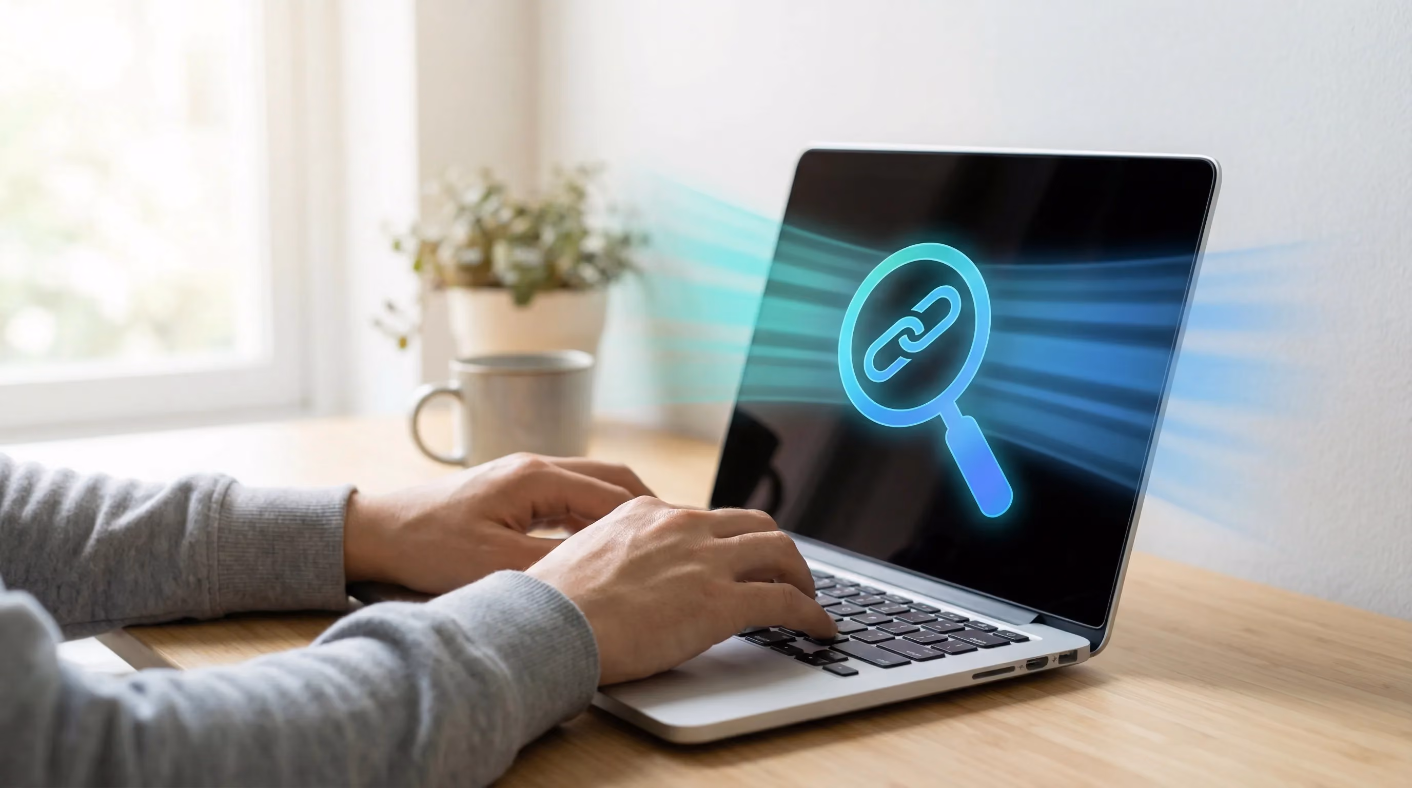 Hands on laptop with magnifying glass link scanner icon, teal scanner beam rays emanating from screen