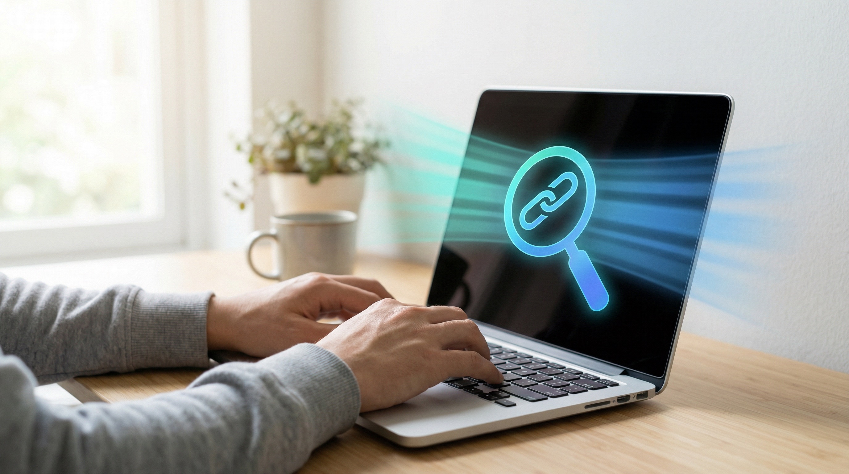 Hands on laptop with magnifying glass link scanner icon, teal scanner beam rays emanating from screen