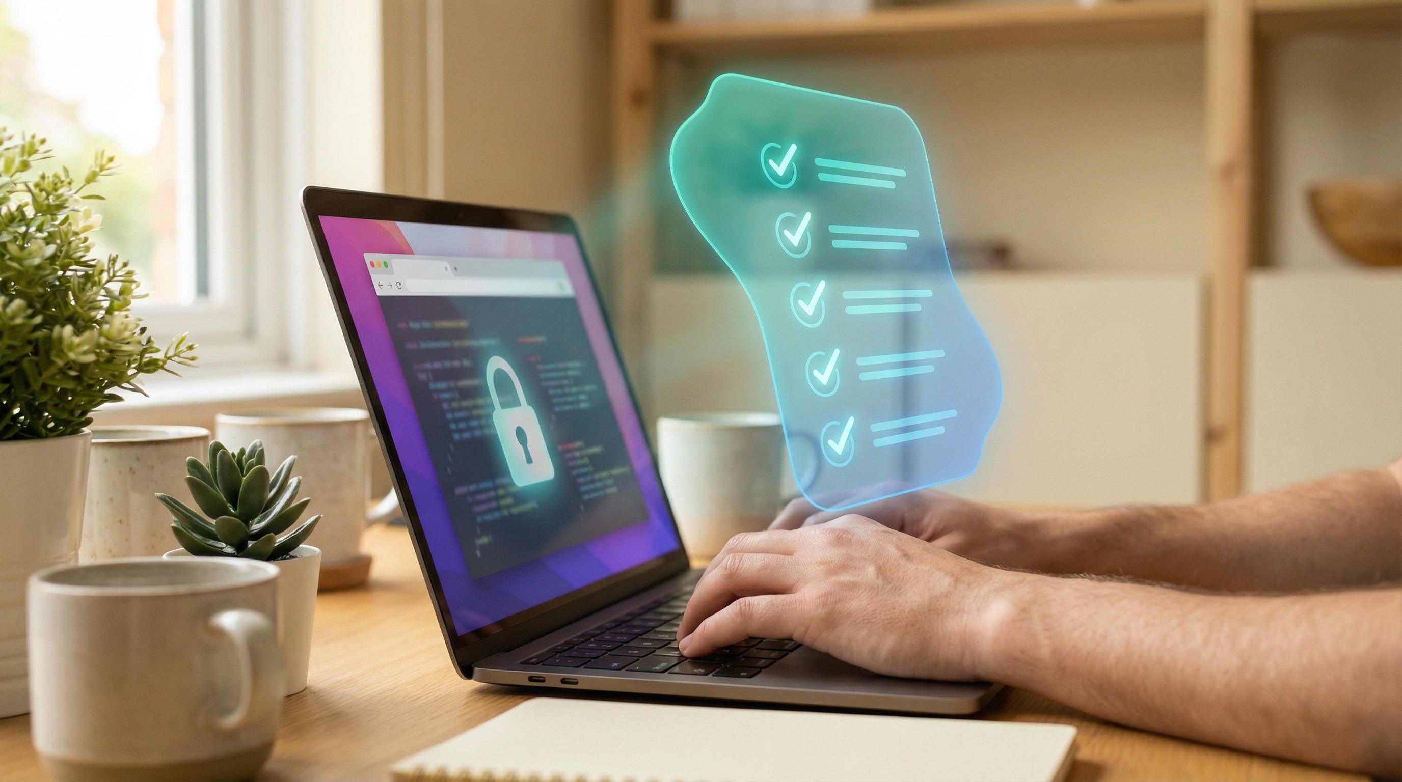 Hands on laptop with padlock icon, teal floating checklist glow with verification checkmarks cascading down