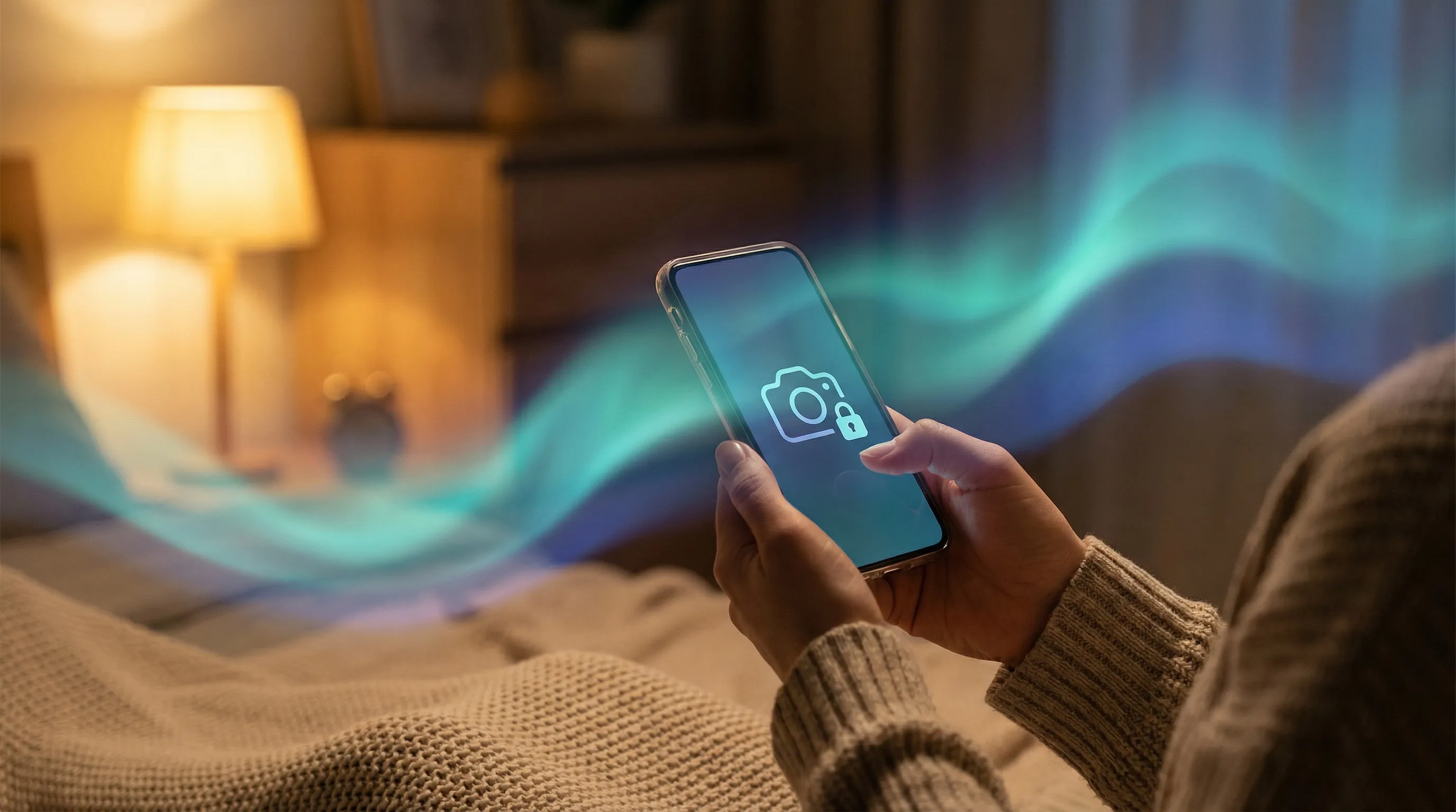 Hands holding phone in cozy bedroom, camera icon with lock, teal aurora wave protective glow like northern lights