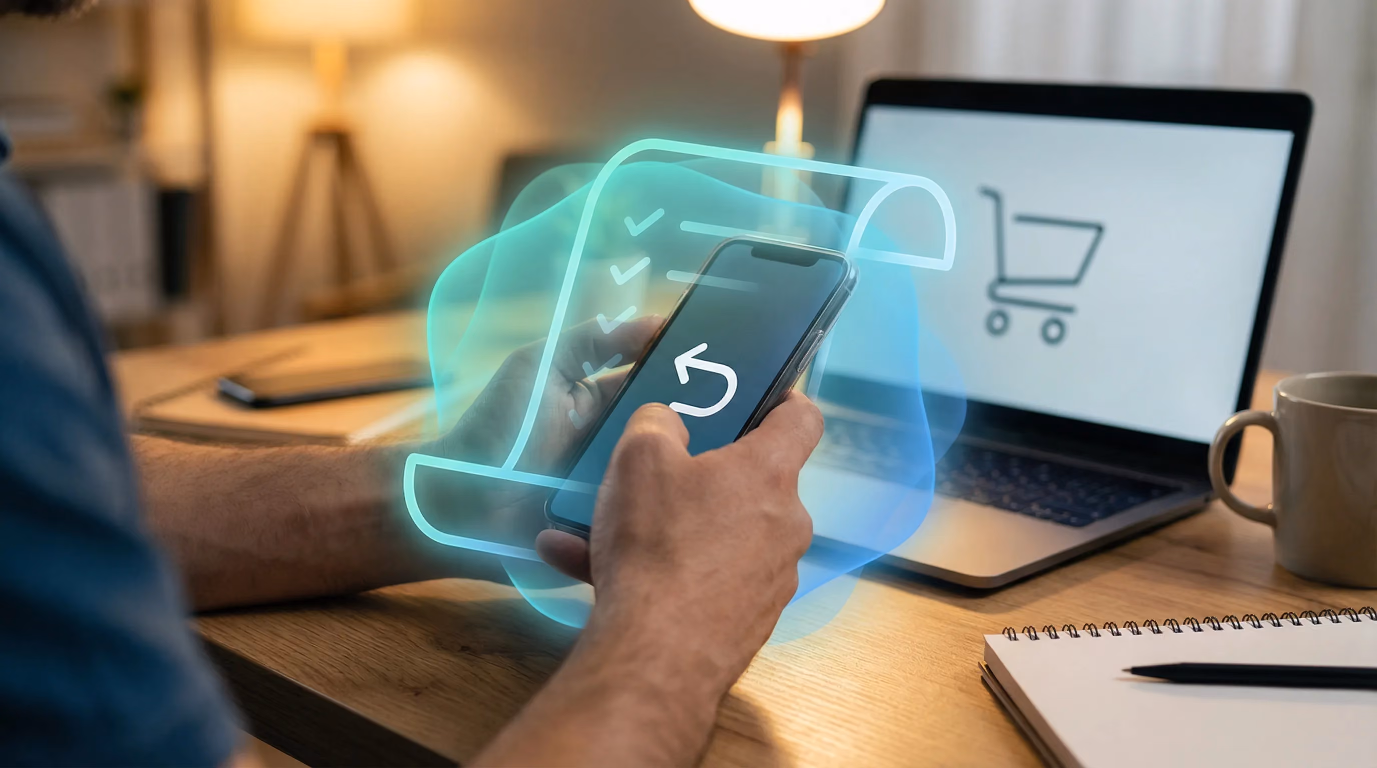 Hands holding phone with refund arrow icon, laptop with shopping cart, teal receipt-shaped protective glow with checkmarks
