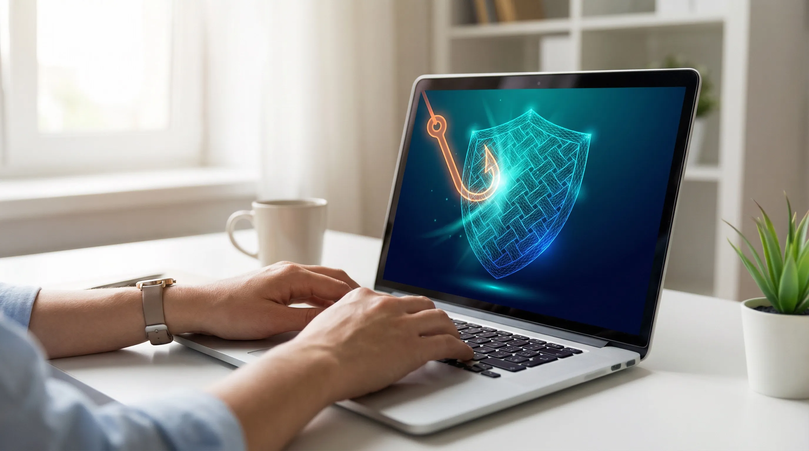 Hands on laptop at home office, shield blocking fishing hook icon, teal mesh shield protective glow