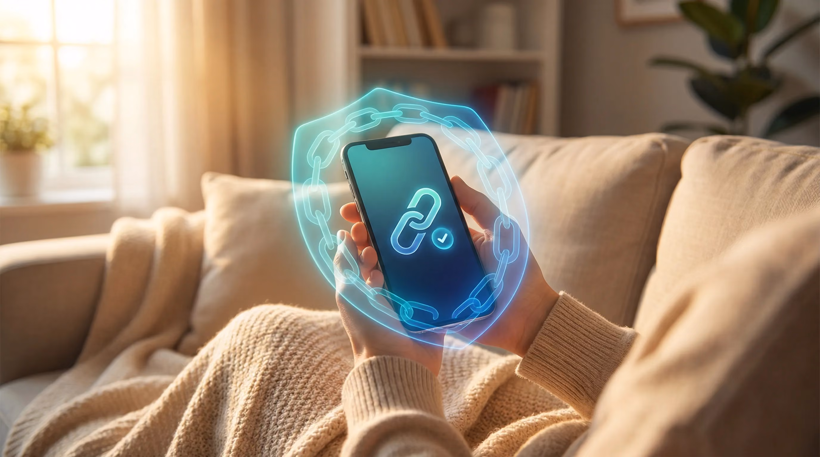 Hands holding phone on cozy couch, chain link icon with checkmark, teal chain link shield protective glow