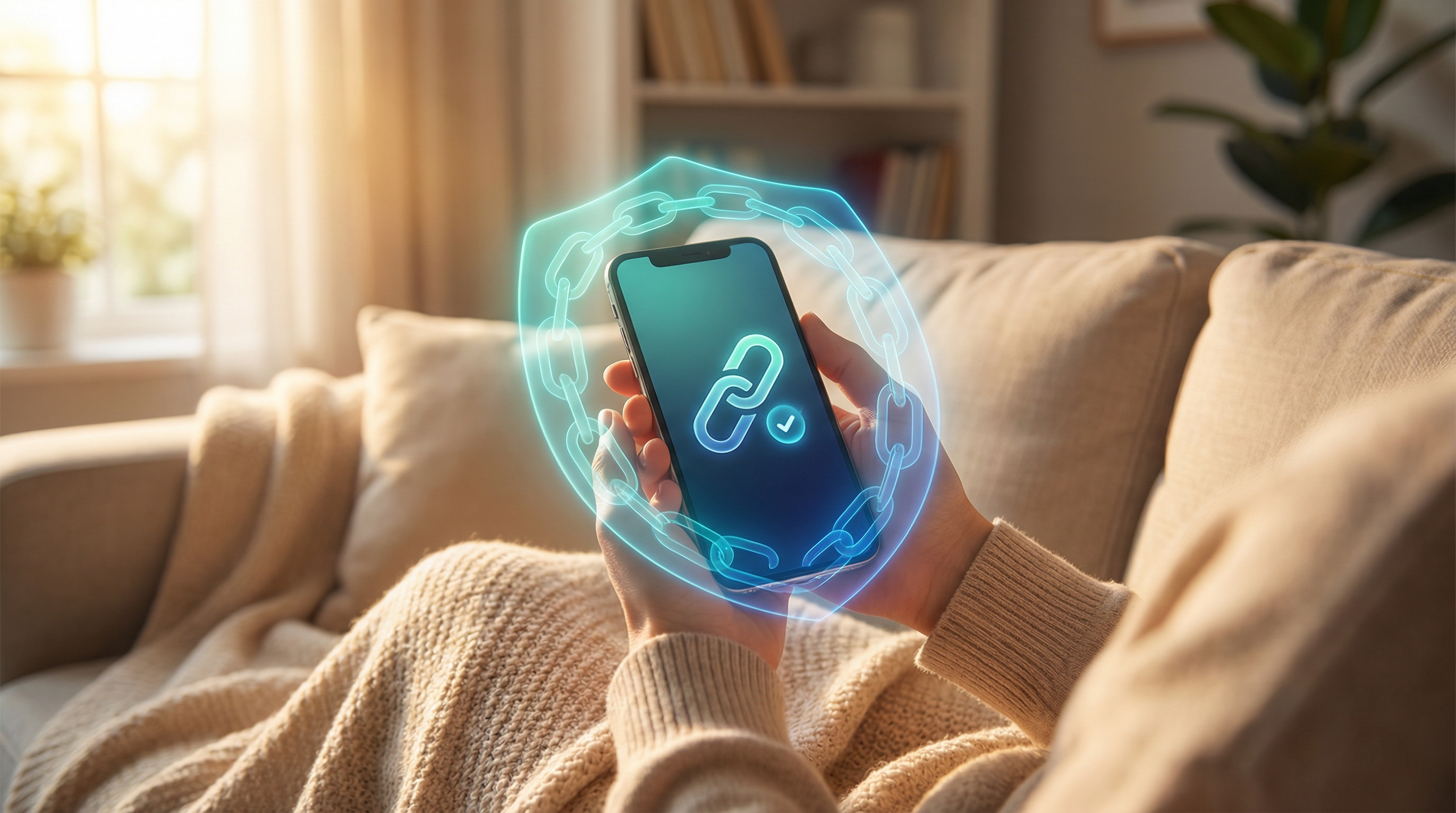 Hands holding phone on cozy couch, chain link icon with checkmark, teal chain link shield protective glow