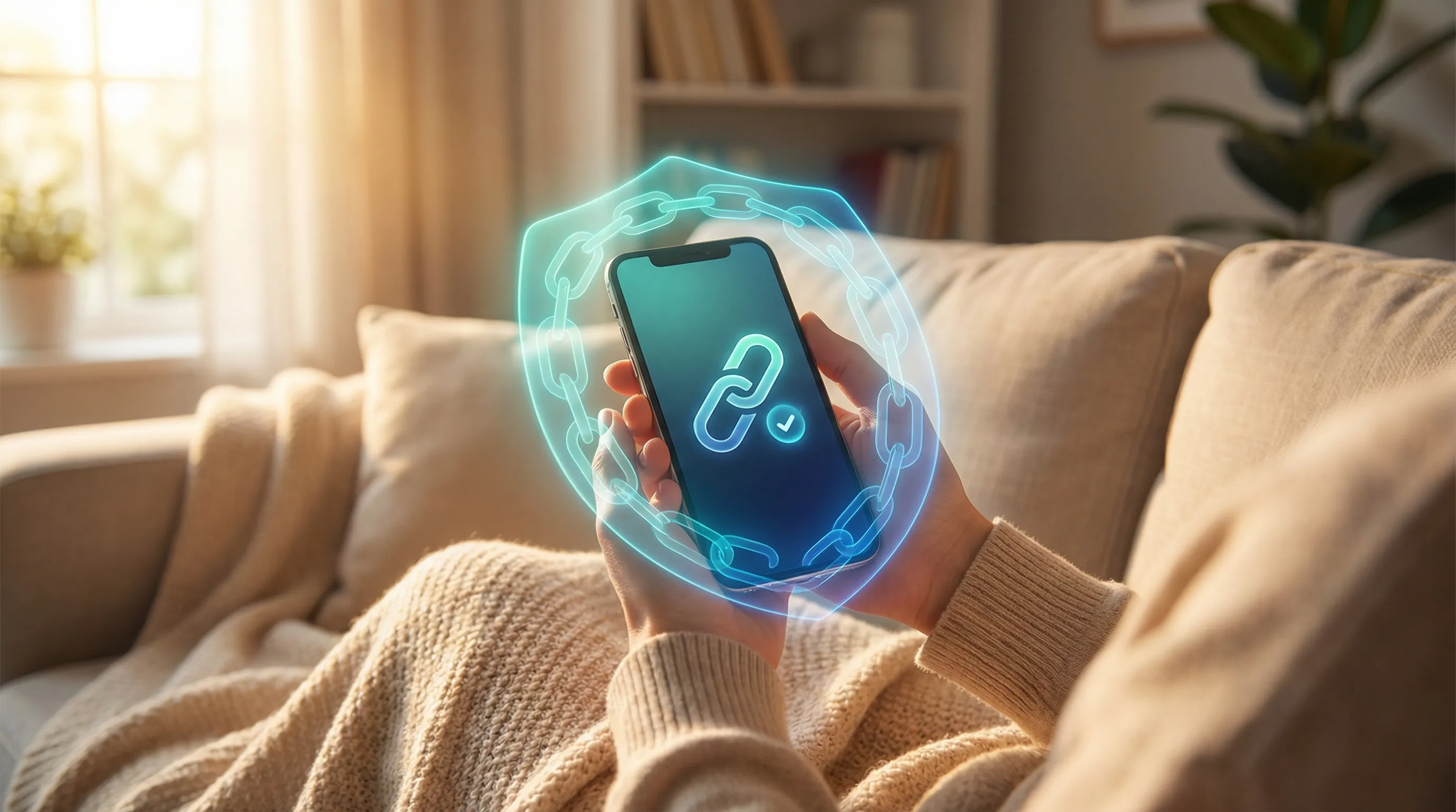 Hands holding phone on cozy couch, chain link icon with checkmark, teal chain link shield protective glow