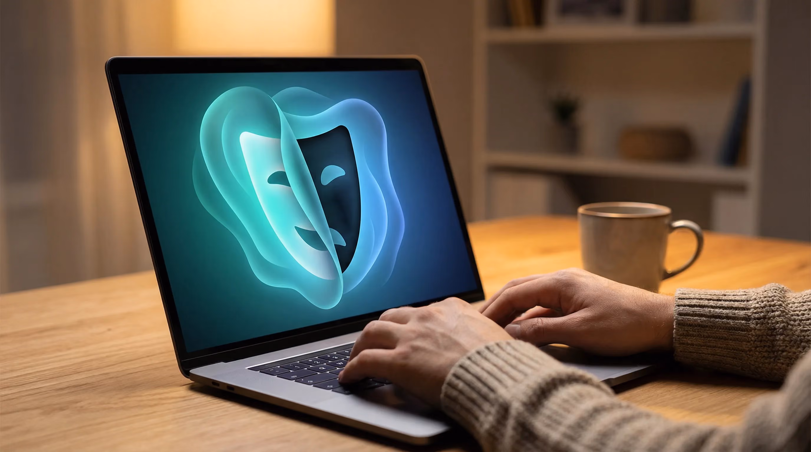 Hands on laptop at home desk, theater masks being revealed, teal mask-revealing protective glow