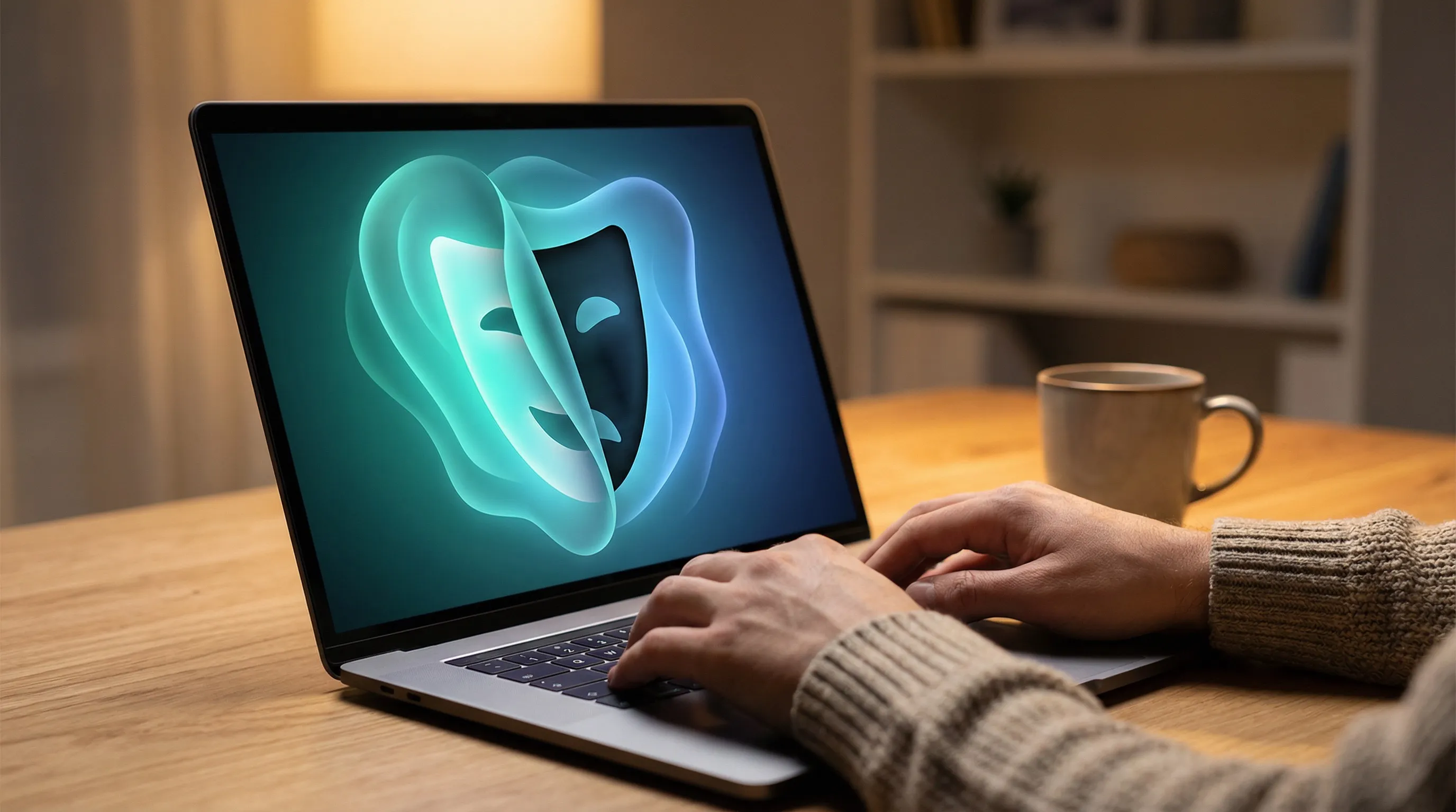 Hands on laptop at home desk, theater masks being revealed, teal mask-revealing protective glow