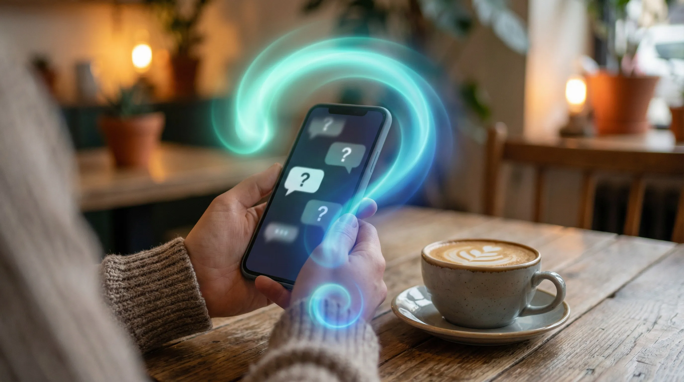 Hands holding phone at cafe with question mark chat bubbles, teal spiral question mark protective glow