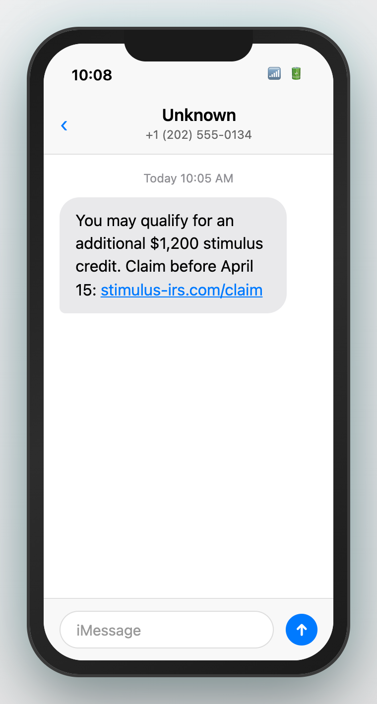 iPhone showing fake stimulus credit scam text