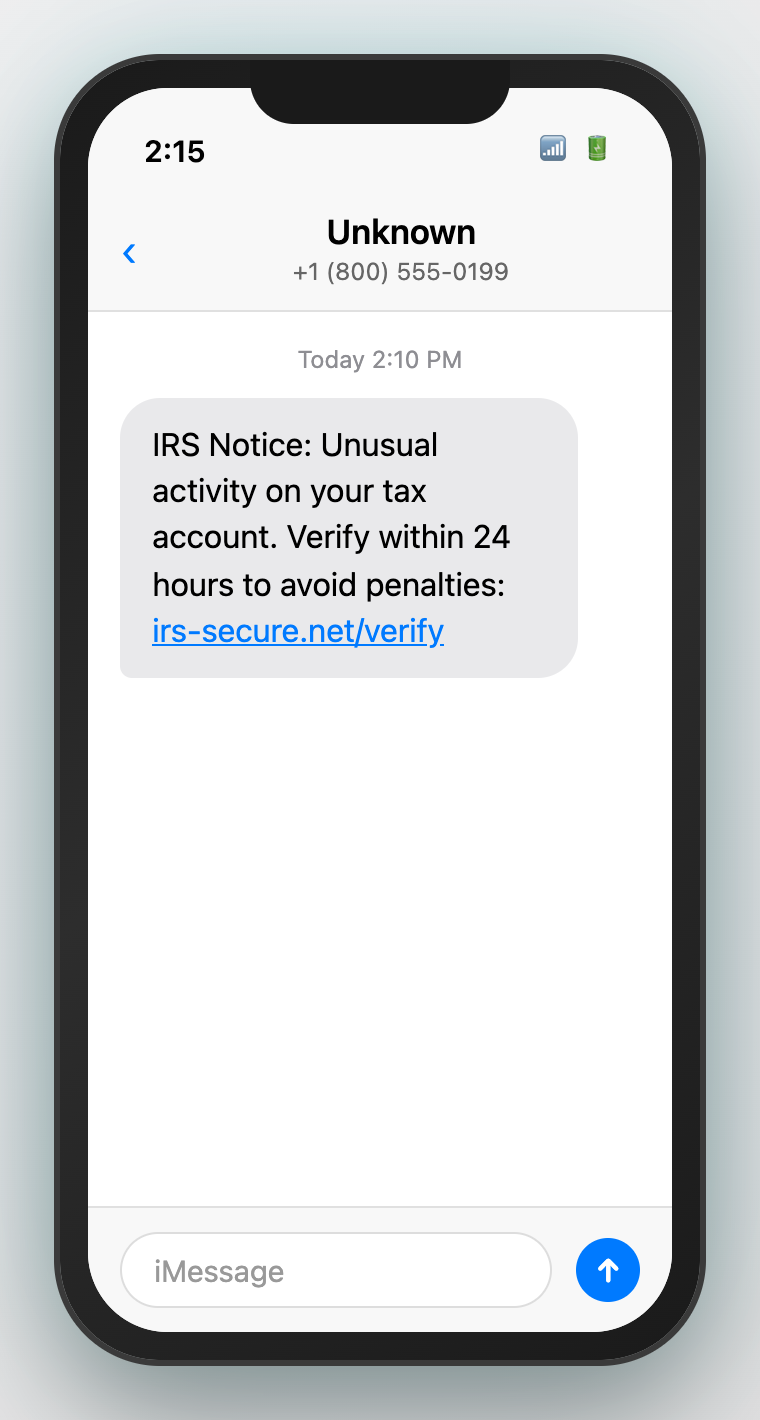 iPhone showing fake IRS urgent deadline scam text