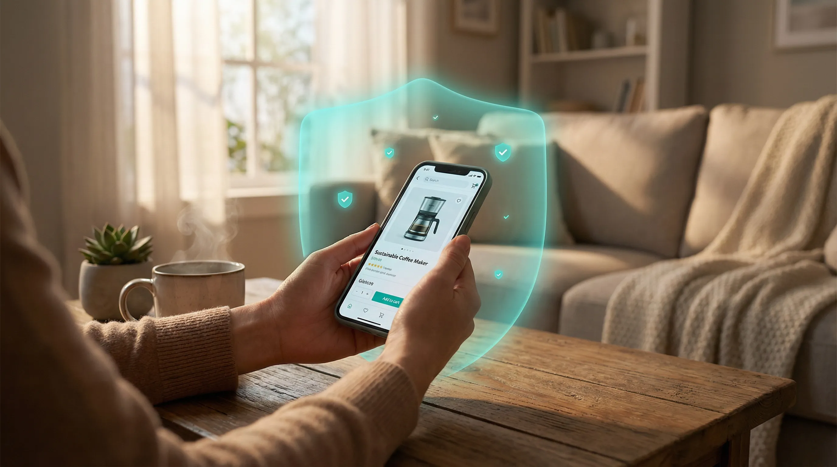 Hands holding phone shopping online with teal protective shield glow