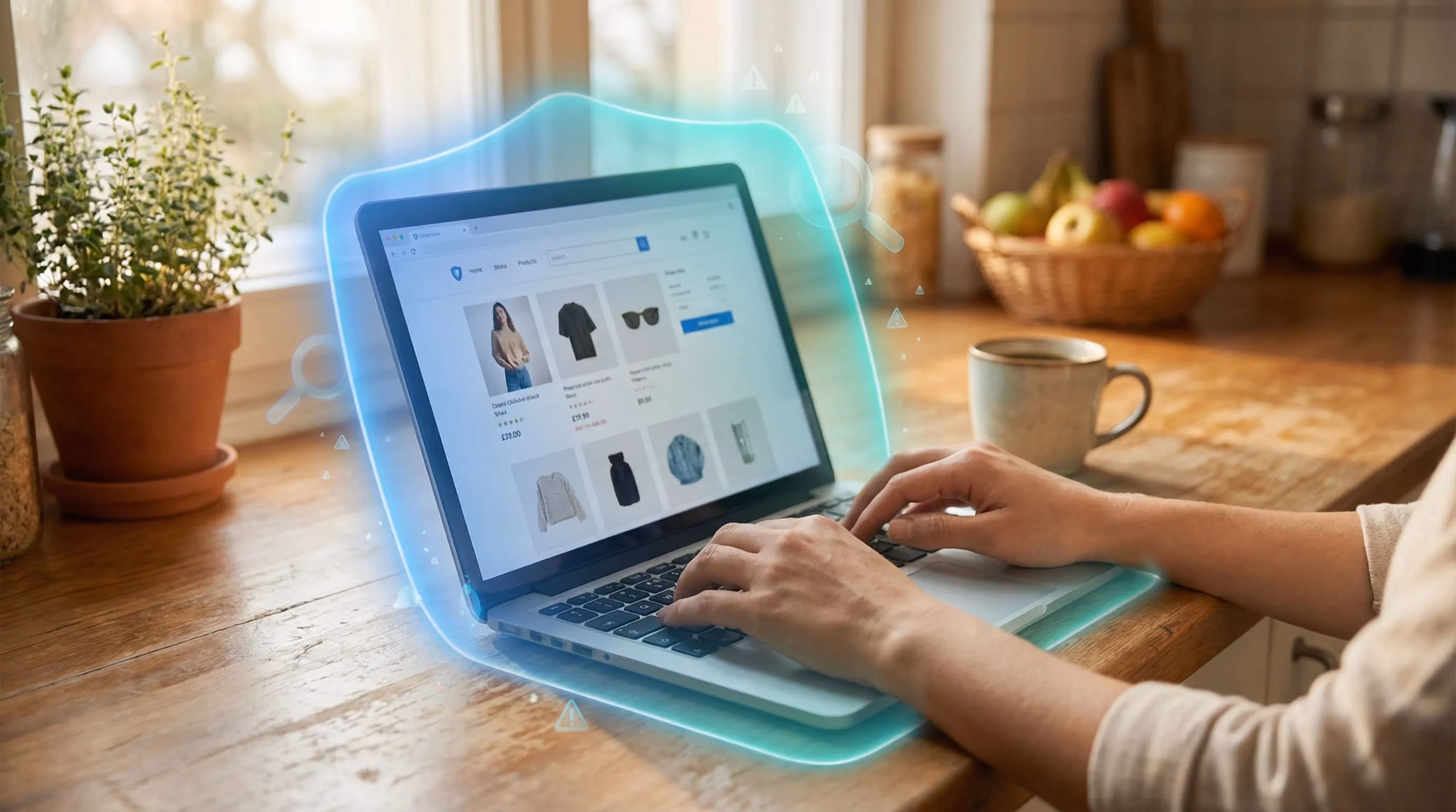 Hands on laptop browsing online store with blue protective aura