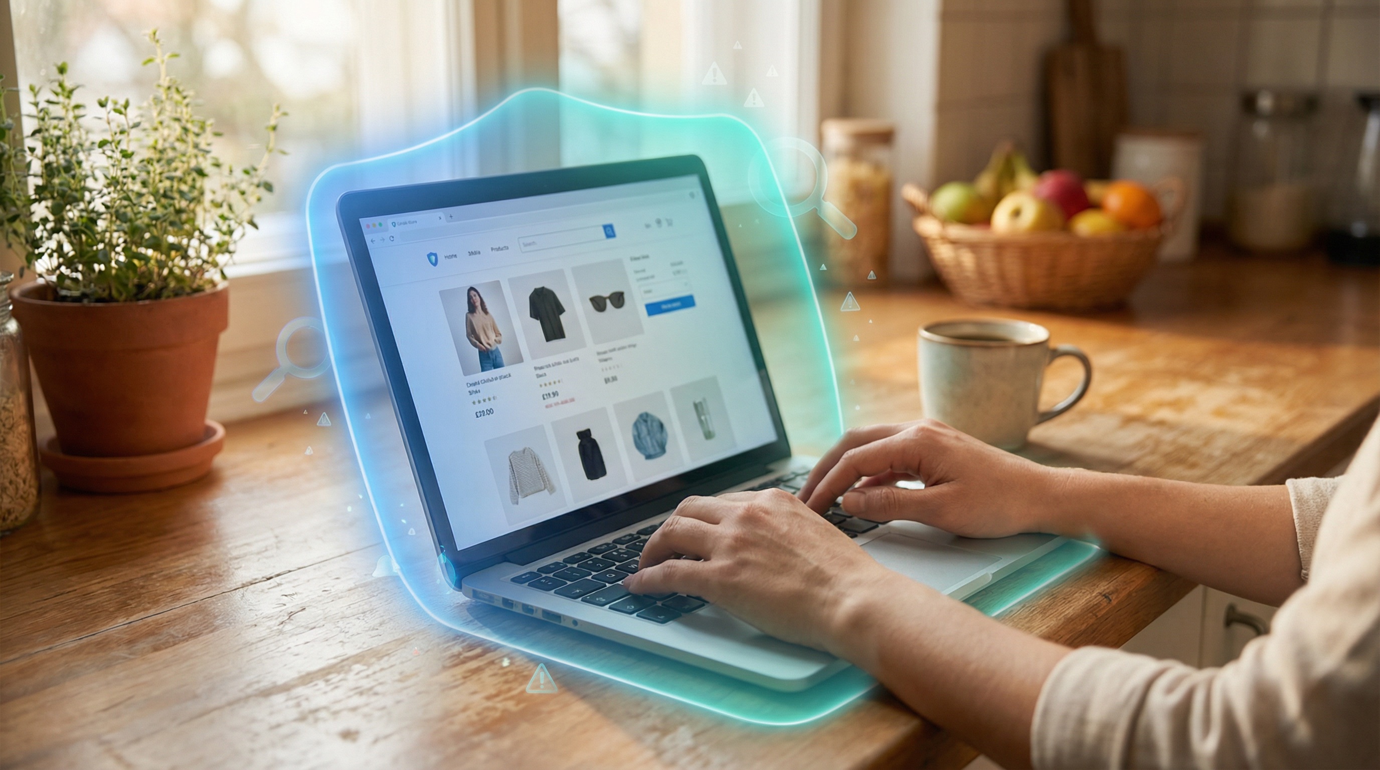 Hands on laptop browsing online store with blue protective aura