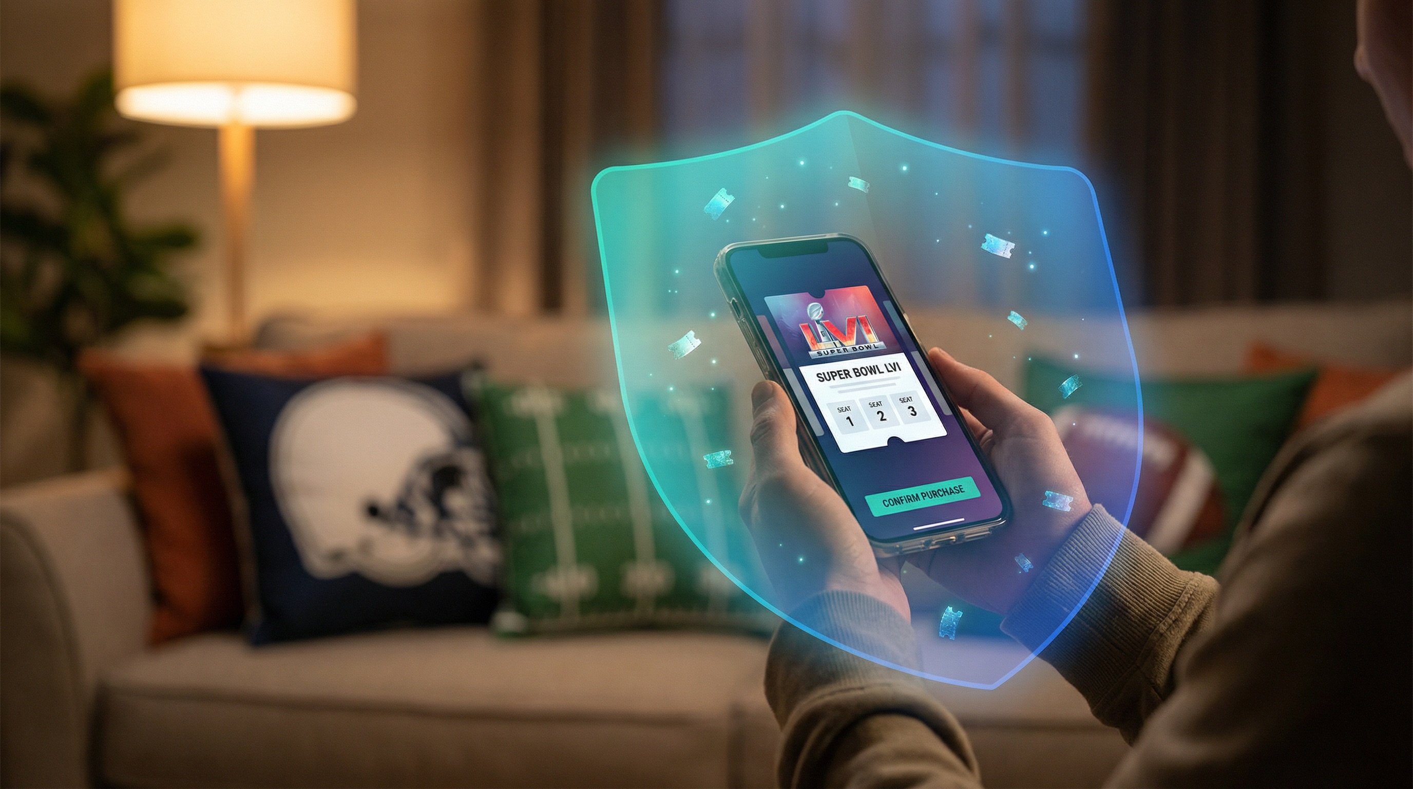 Hands holding phone with ticket app protected by teal shield glow