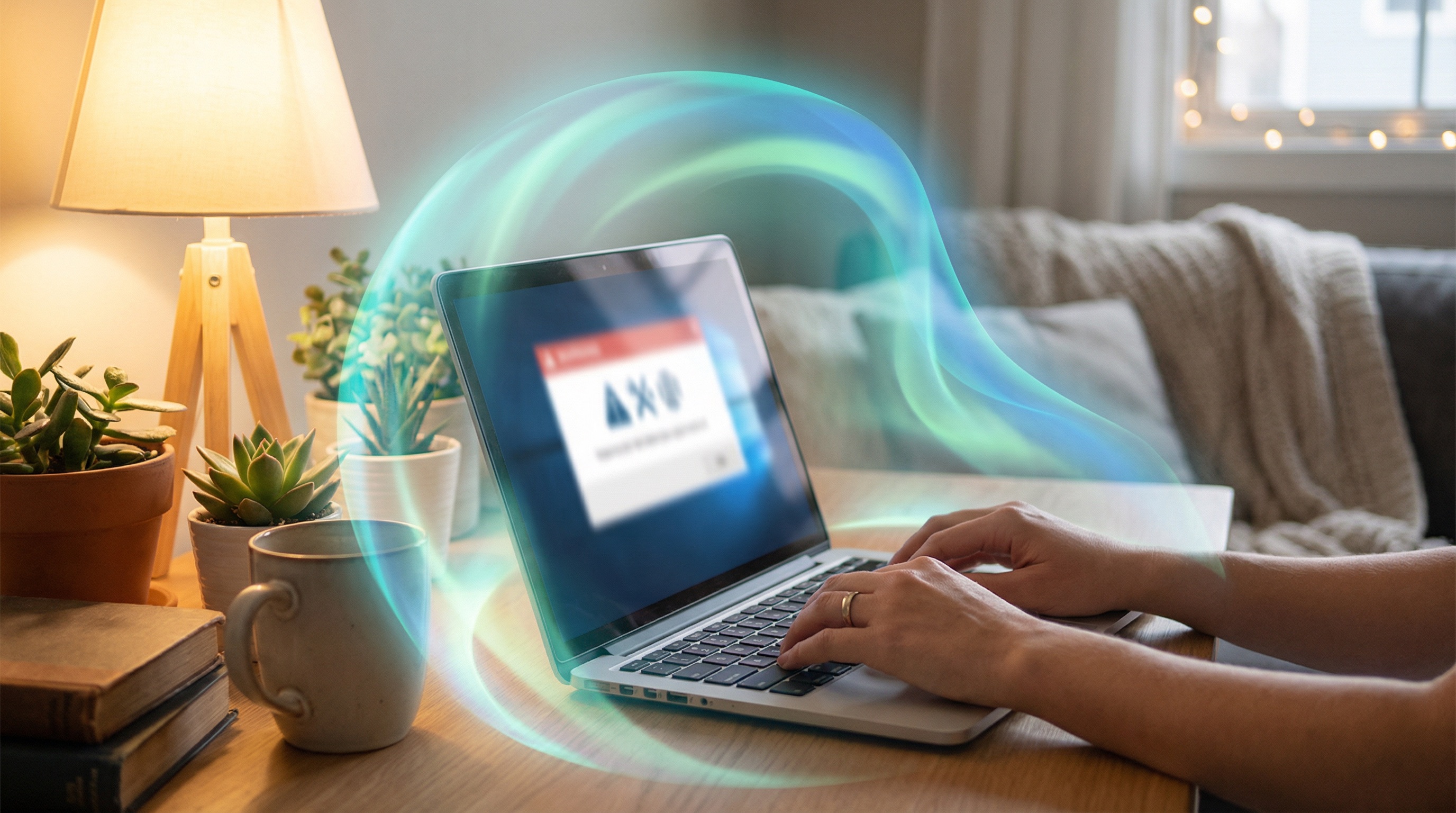 Hands on laptop at desk with popup deflected by teal aurora glow