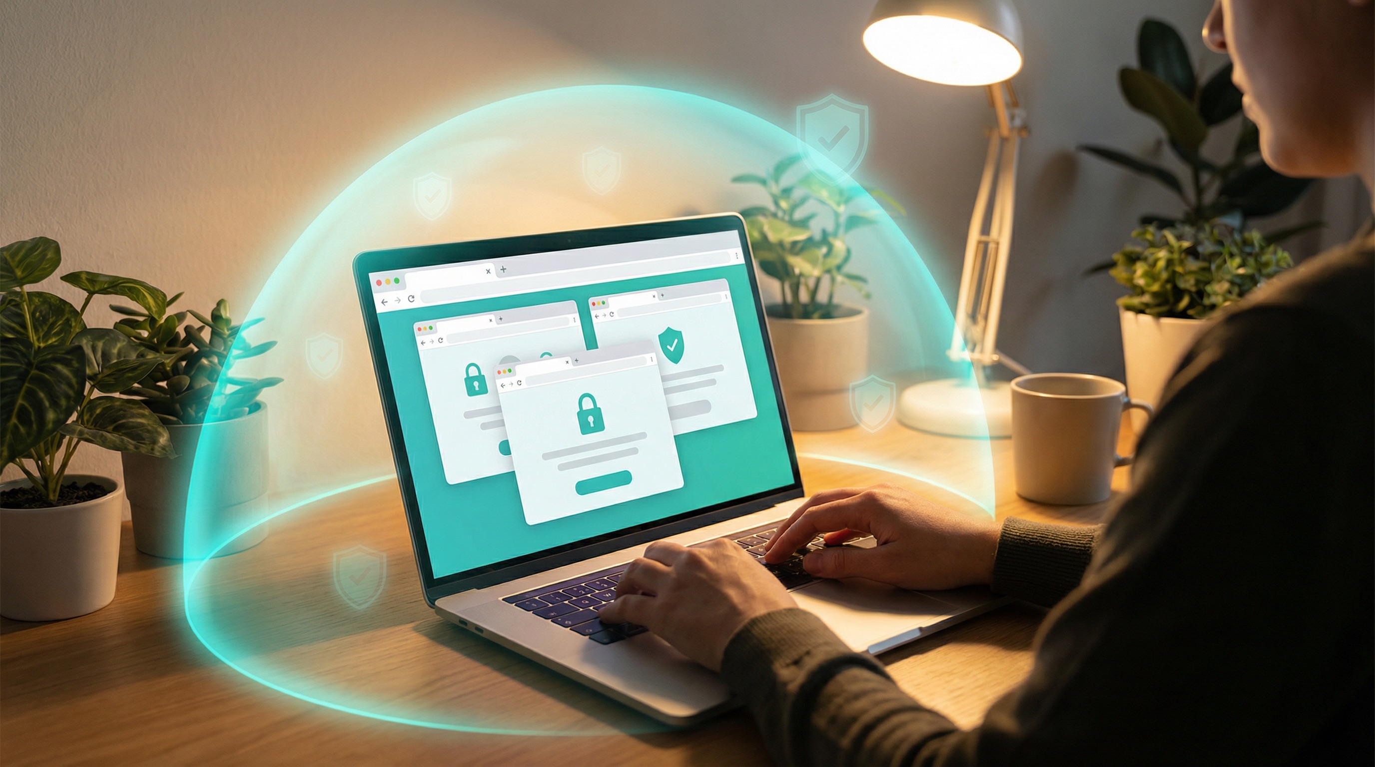Hands on laptop using website safety tools with teal shield dome glow