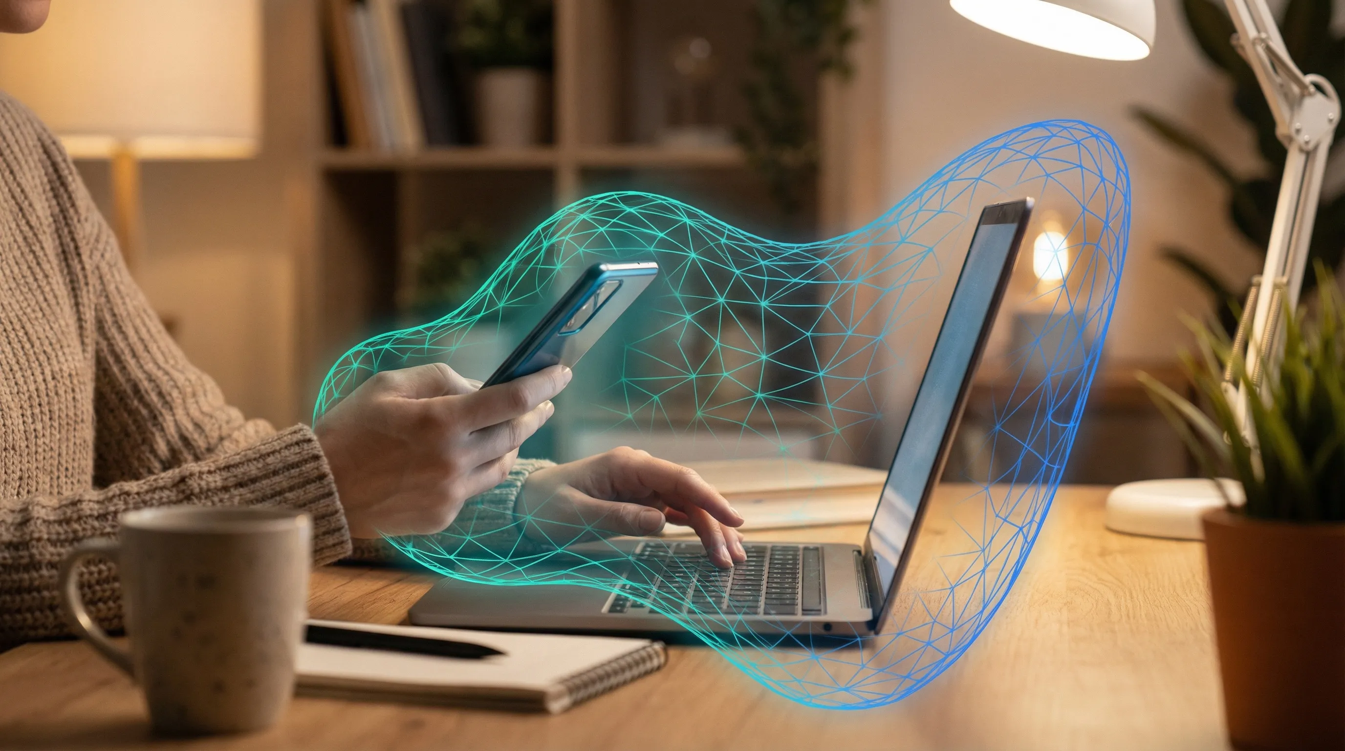 Hands holding phone and laptop with AI neural network protective glow