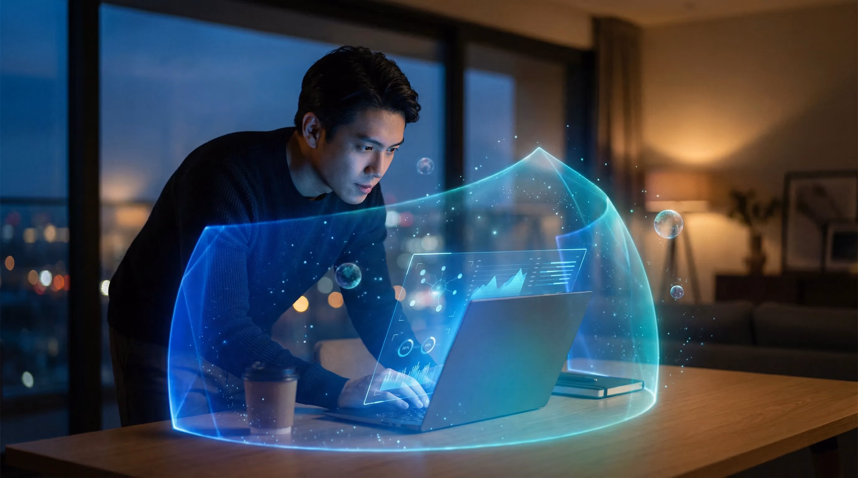 Person at laptop with futuristic blue protective shield looking forward