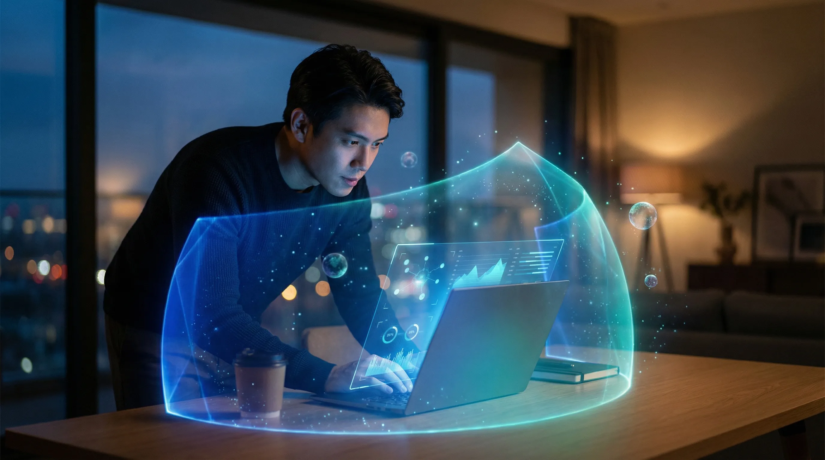 Person at laptop with futuristic blue protective shield looking forward