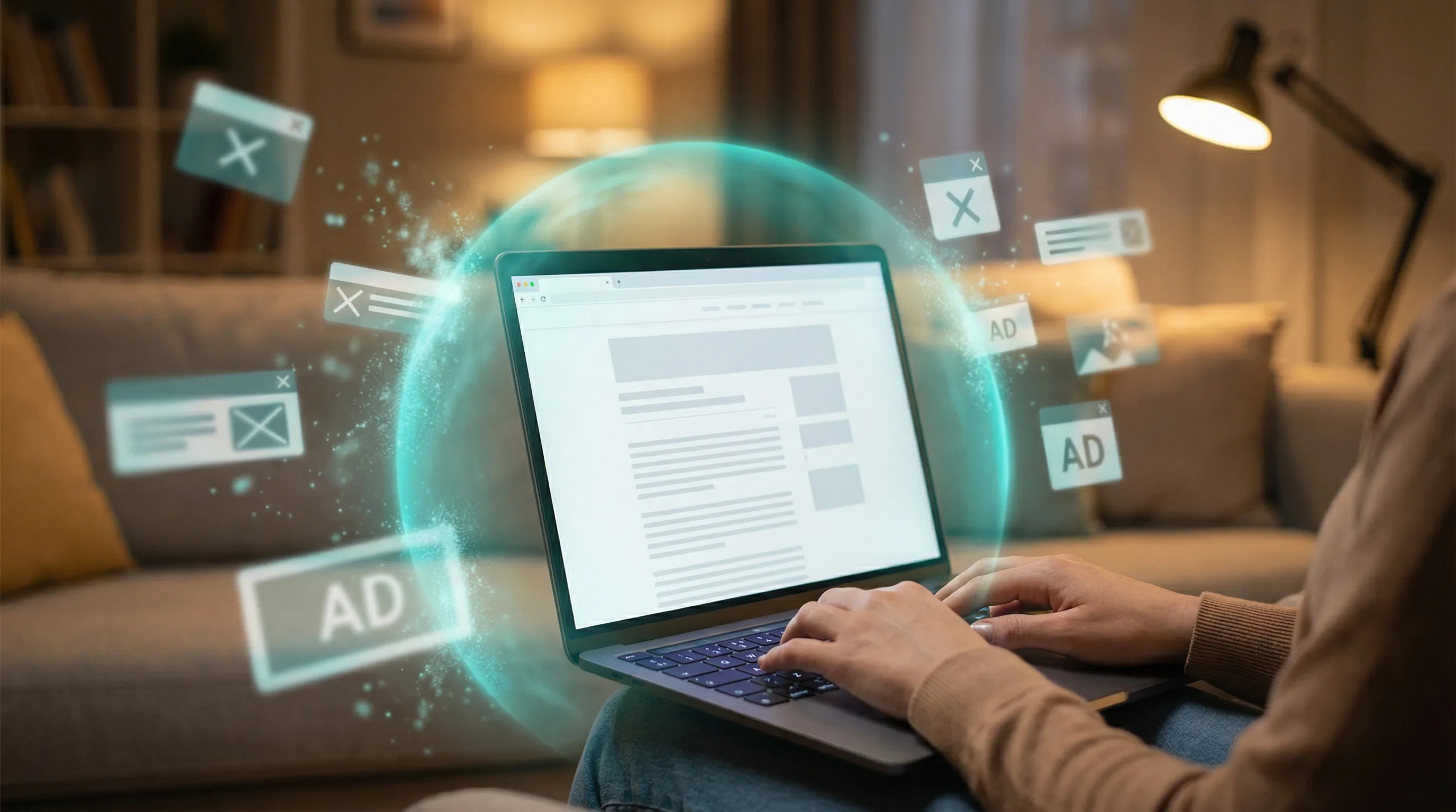 Hands on laptop with teal glow deflecting floating ad shapes