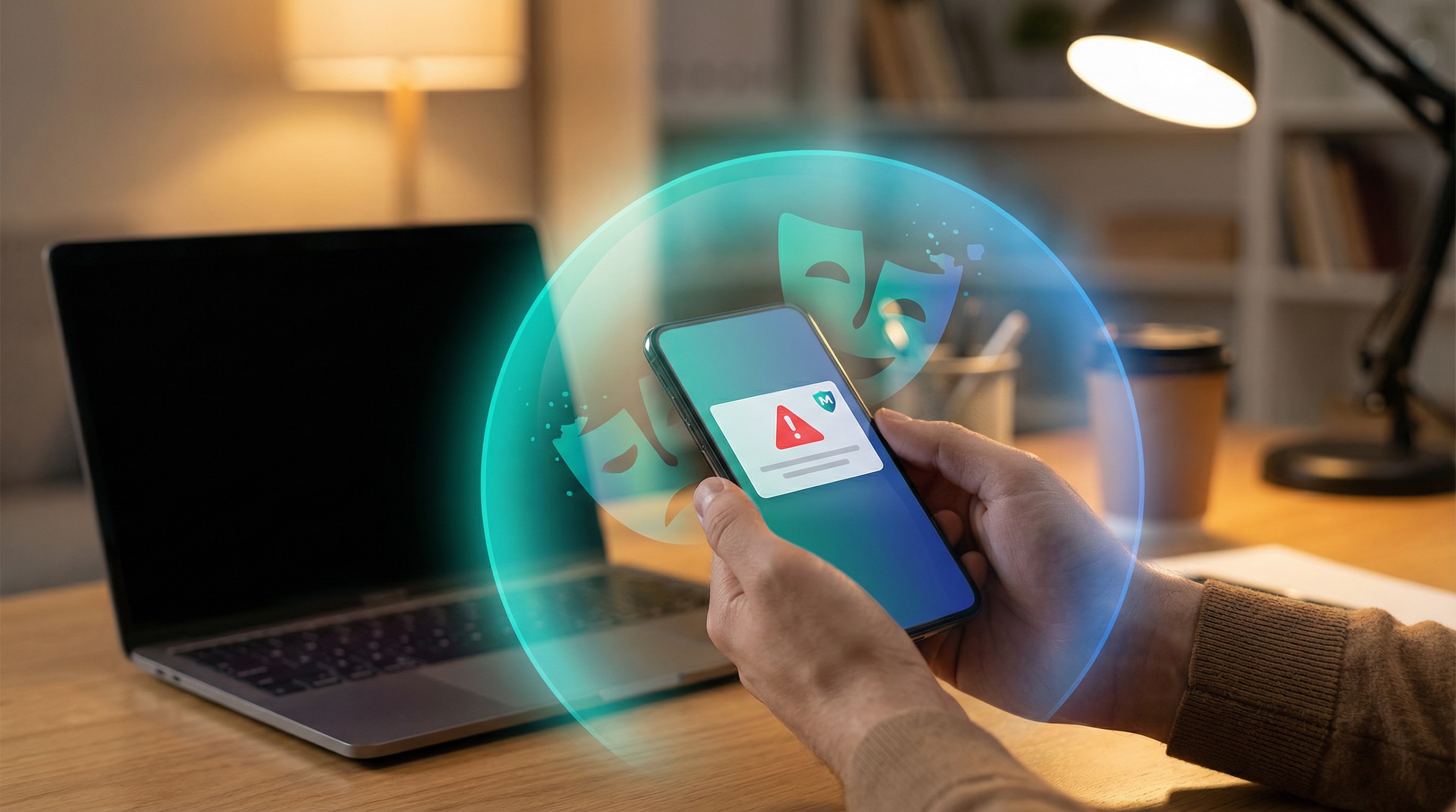 Hands holding phone with alert, teal glow with theater masks revealing scam